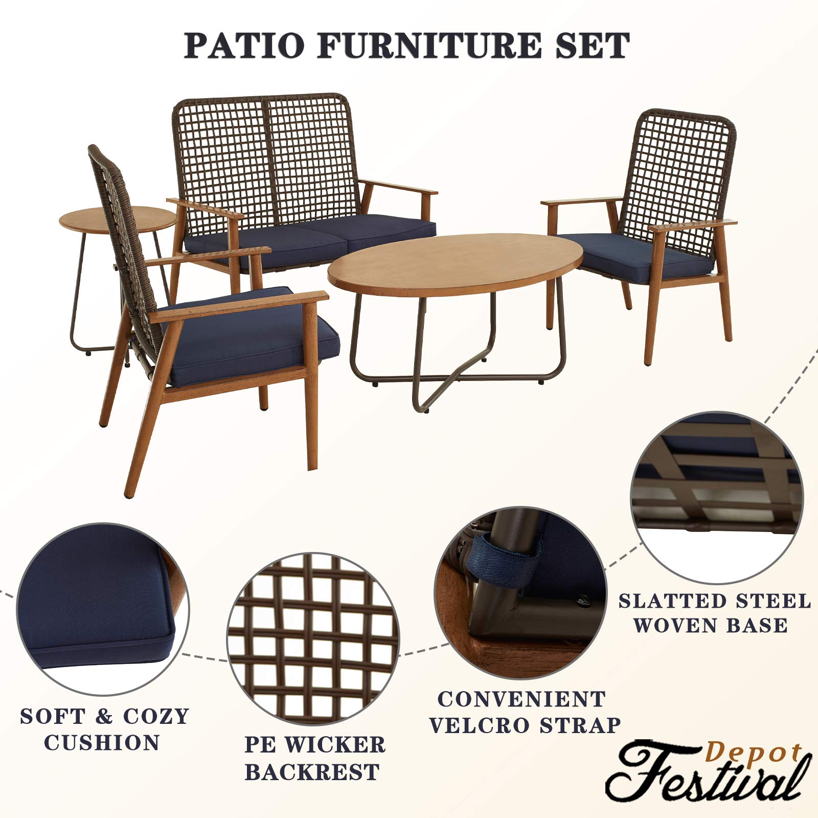 5-Piece Outdoor Patio Conversation Set with Metal Coffee Table & Wooden-Color Steel Armchairs - Loveseat with Cushions (Blue) - Perfect for Backyard, Garden, Poolside & Deck Relaxation