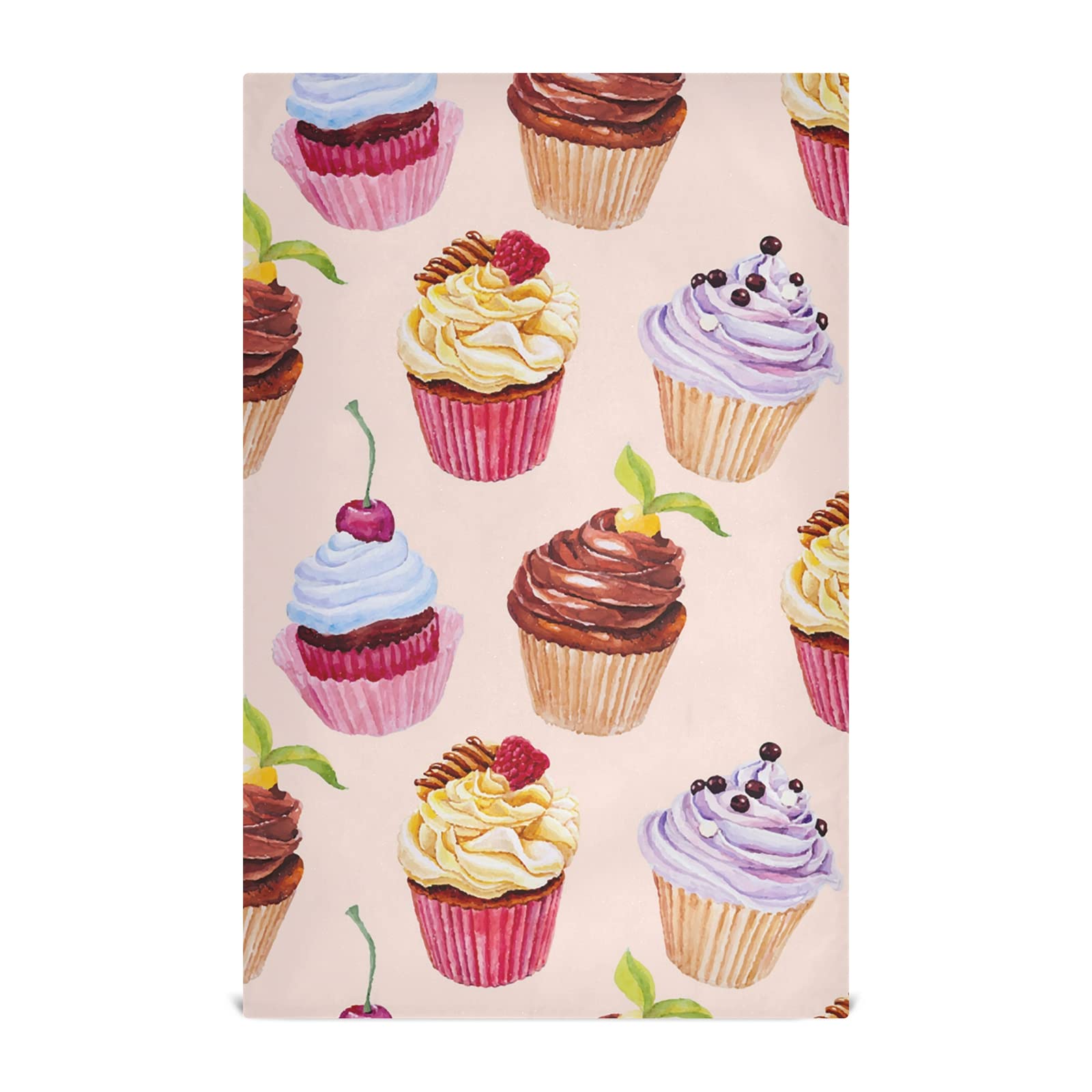 6-Pack Watercolor Seamless Cupcake Kitchen Dish Towels with Strawberries & Cherries - Polyester Tea Towels with Hanging Loop, Waffle Dishcloths for Baking, Cooking, and Kitchen Decor