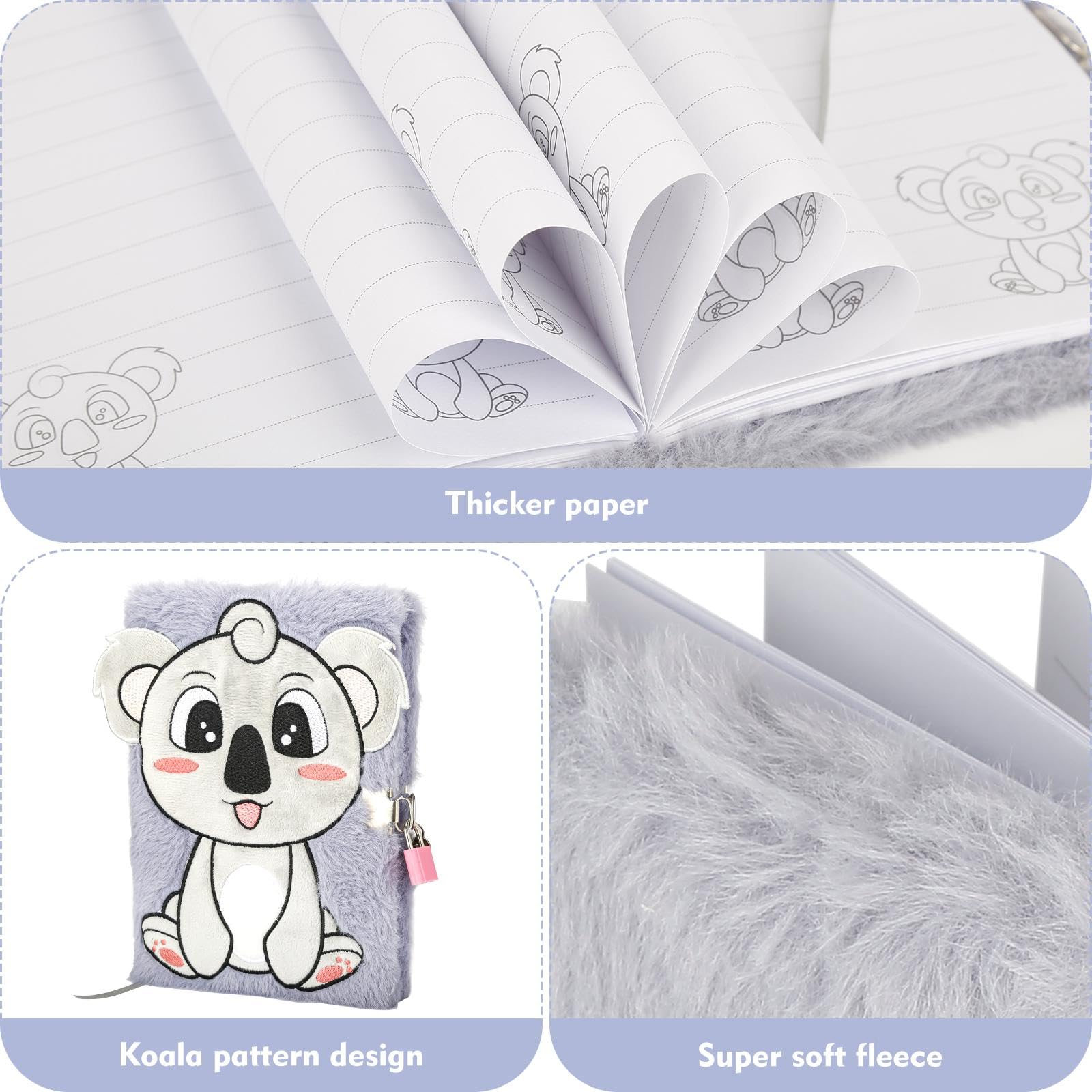 TPIVG Cute Koala Plush Diary with Lock - A5 160 Pages Journal Notebook for Girls, Kids & Teens - Perfect for School, Travel & Secret Keeping