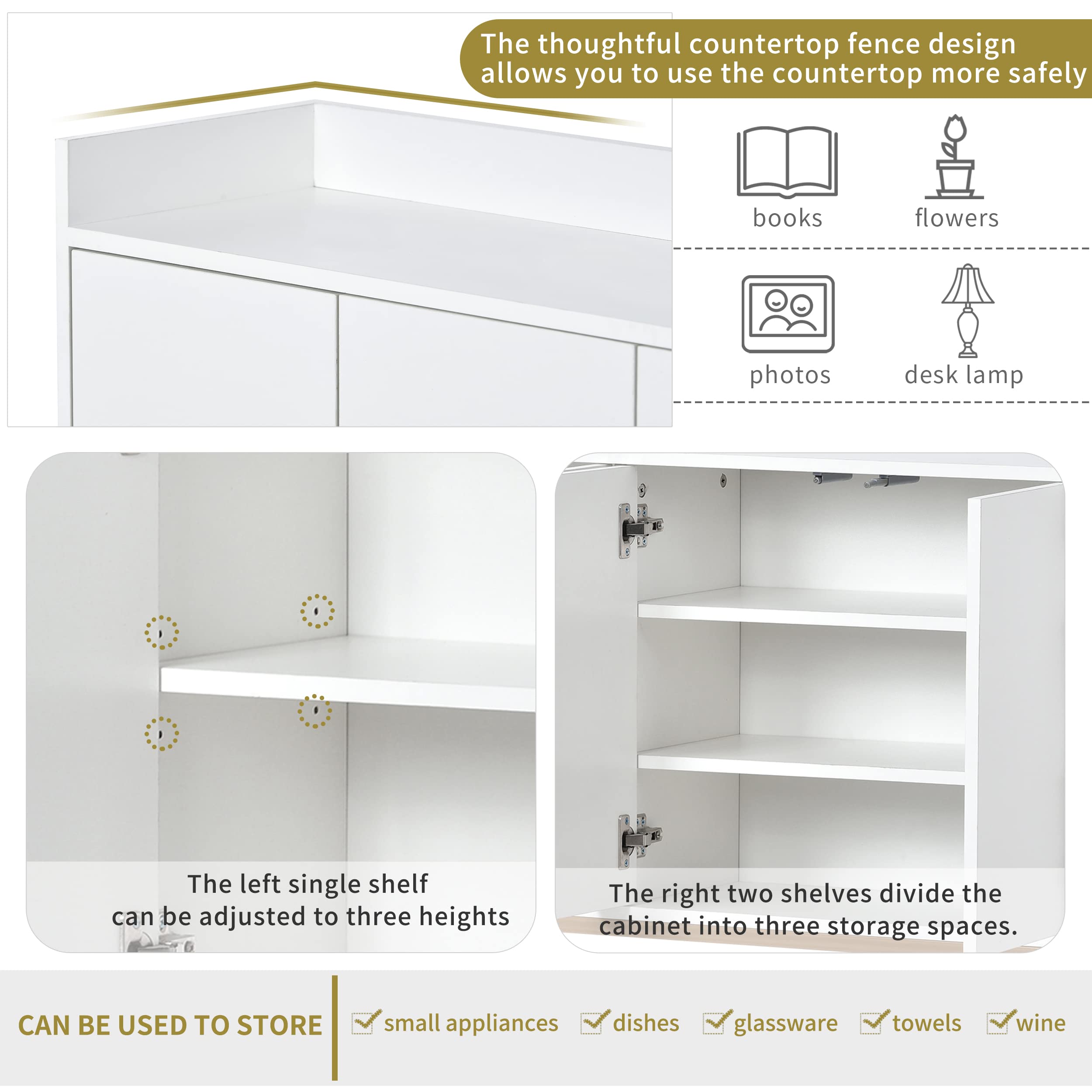 Modern Sideboard Buffet Cabinet with 4 Doors & Display Shelves - Elegant Storage Cupboard with Gold Metal Base for Dining Room, Entryway, Kitchen - Perfect for Home Organization & Stylish Display (White)