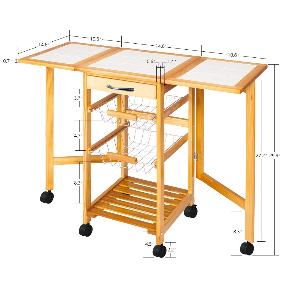 **Wooden Kitchen Cart with Wheels - Rolling Kitchen Island with Open Shelf & Storage Drawers/Baskets - Mobile Utility Cart for Dining Room & Kitchen Storage (Brown) - Perfect for Small Spaces, Meal Prep & Extra Counter Space**