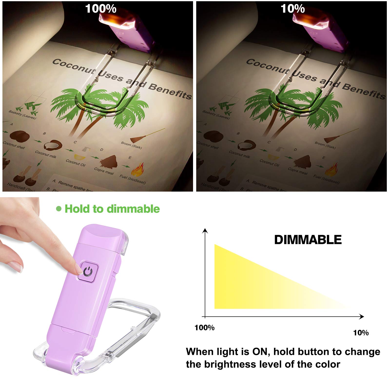 USB Rechargeable LED Book Light with Adjustable Brightness - Clip On Reading Light for Kids & Adults, Eye Protection Bookmark Light for Bedtime Reading, Perfect Gift for Book Lovers (Violet) - Ideal for Night Reading, Studying, Travel and Camping