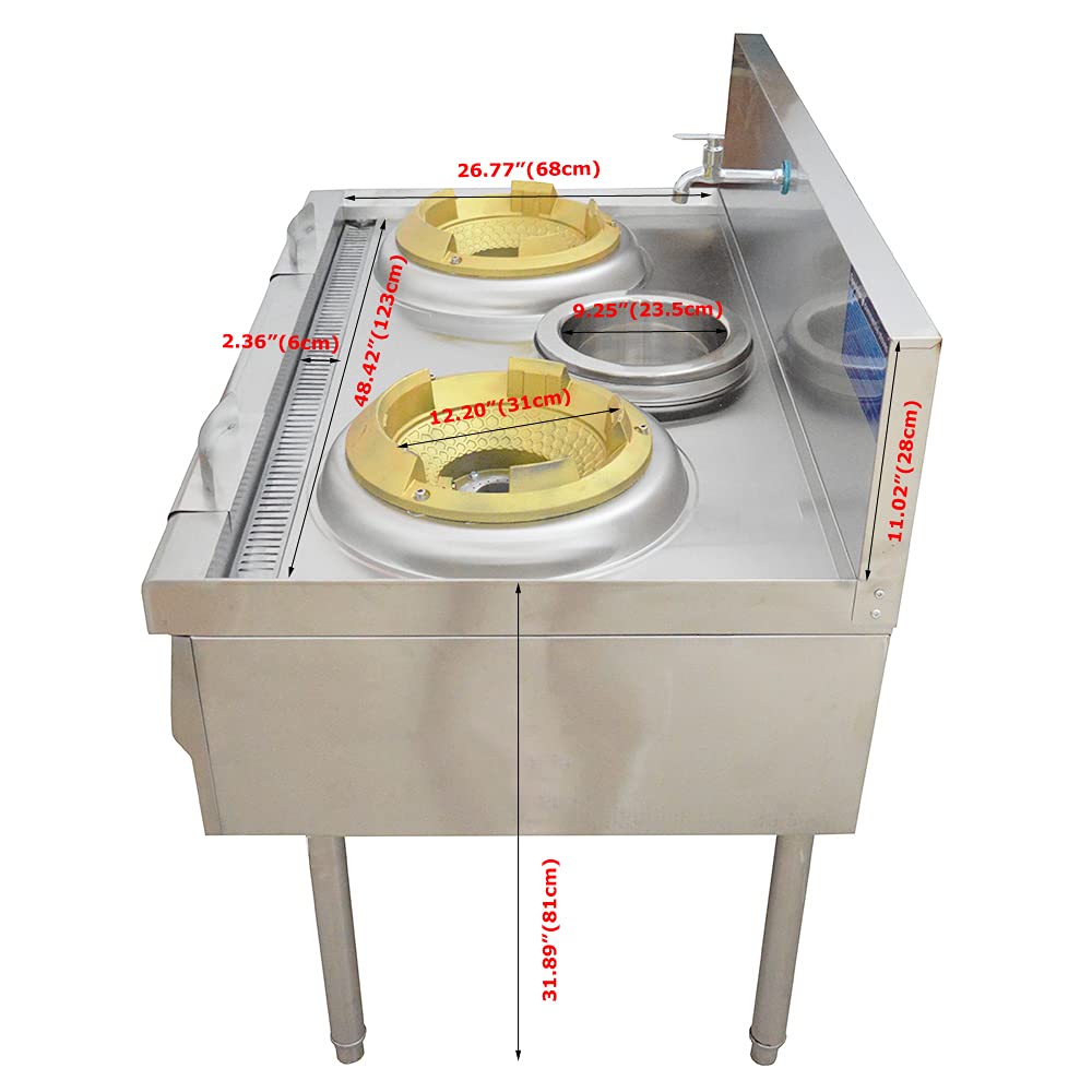 INTBUYING Commercial 2 Burner Gas Stove - 12.2'' Stainless Steel High Power Chinese Cooking Range for LPG/Natural Gas - Restaurant Grade with Baffle & Water Basin - 110V - Perfect for Wok Cooking, Stir-Frying & High-Heat Commercial Kitchen Use