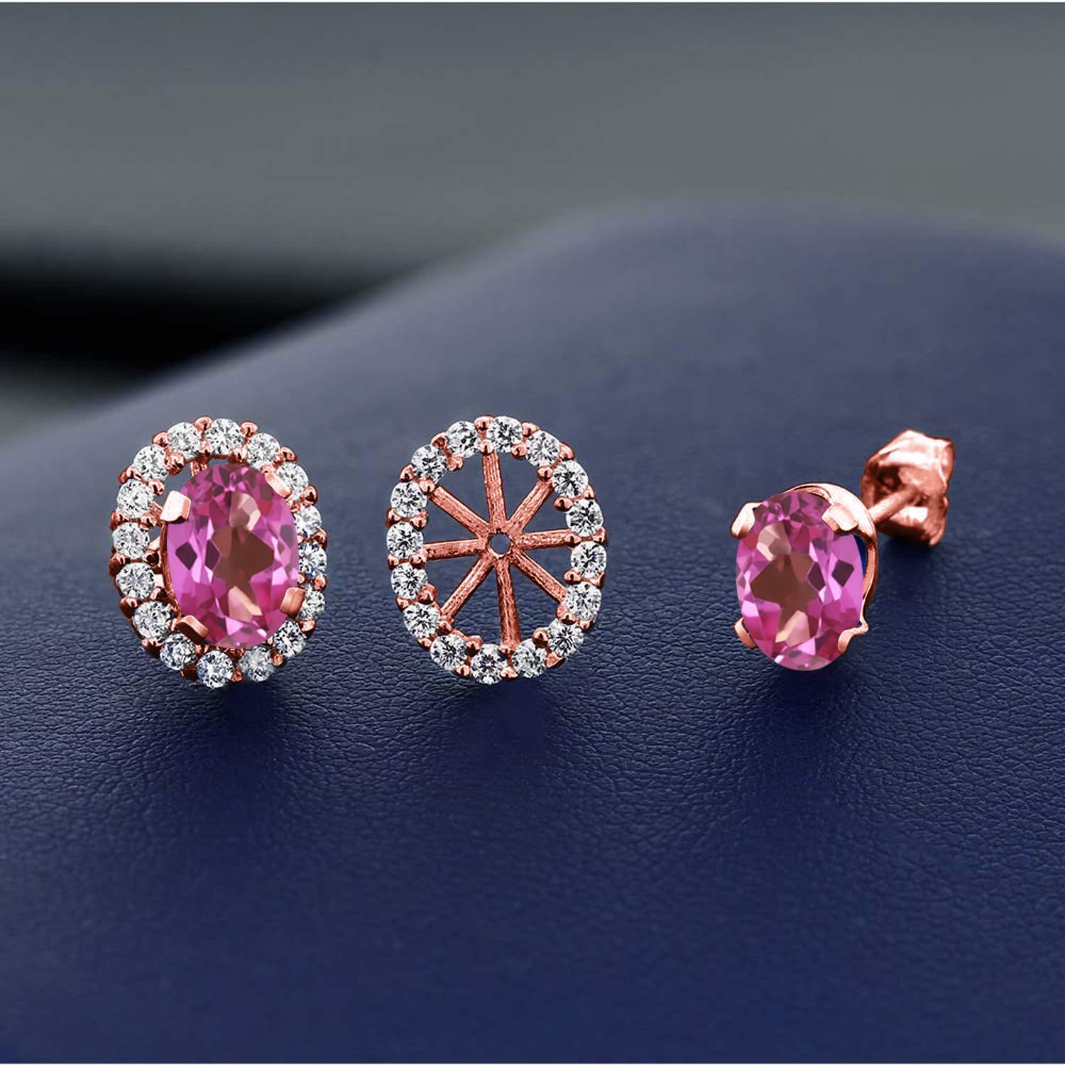18K Rose Gold Plated Silver Oval Pink Mystic Topaz Stud Earrings for Women | Gem Stone King | Elegant Removable Jacket Earrings for Parties, Weddings & Date Nights
