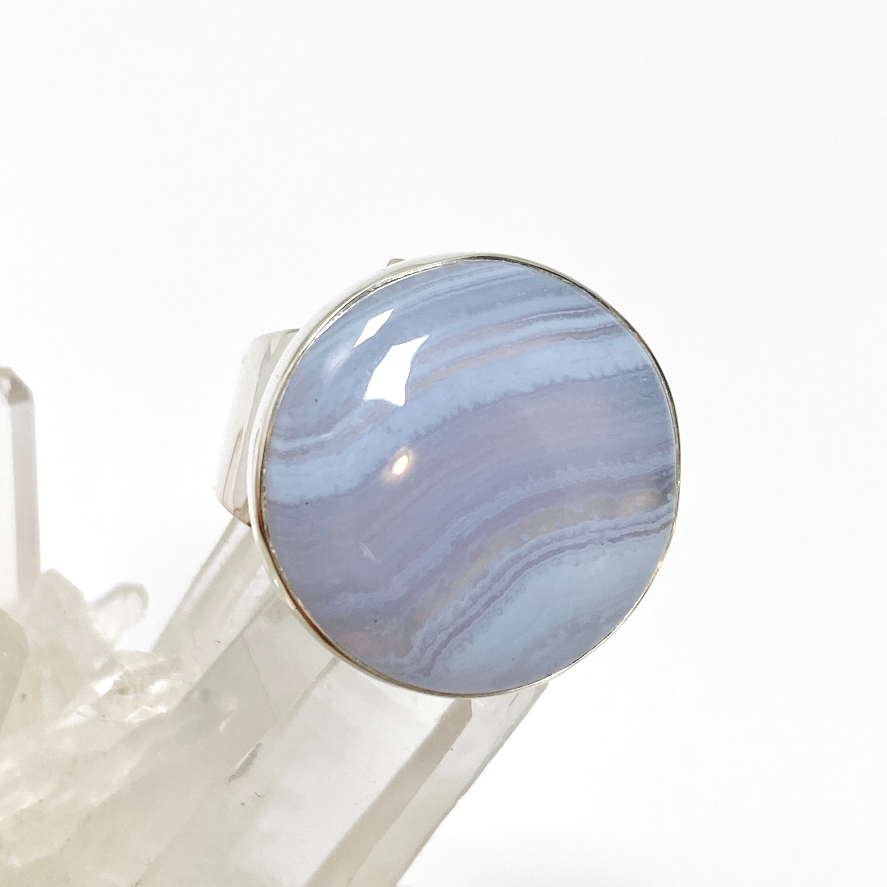 Blue Lace Agate Round Cabochon Ring - Size 11 - KRGJ3371 - Elegant Handmade Jewelry for Women, Perfect for Weddings, Parties & Everyday Wear