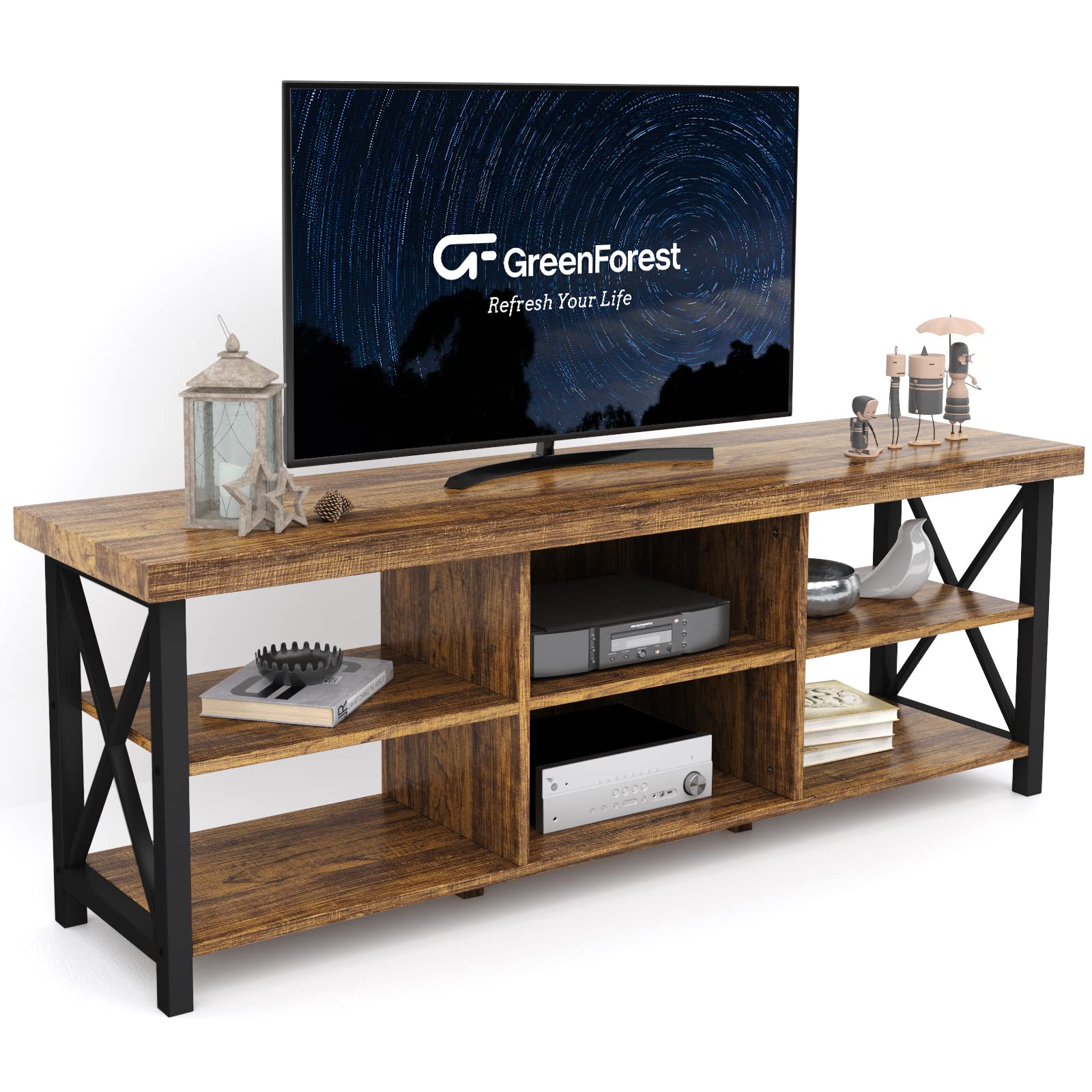 GreenForest 43.3 x 23.6 Inch Large Rustic Farmhouse Coffee Table with Storage Shelf & TV Stand - Holds 65 Inch TVs, Entertainment Center with 6 Storage Cabinets for Living Room (Walnut Finish) - Perfect for Family Gatherings & Movie Nights
