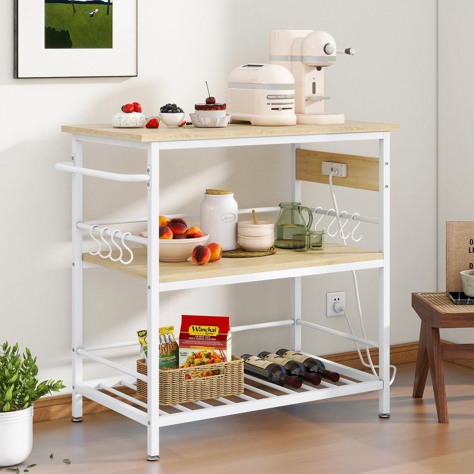IBUYKE Kitchen Island with 3 Shelves & Power Outlet - Rolling Kitchen Cart with Large Worktop, Mobile Bar Table for Home, Outdoor & Commercial Use - Perfect for Food Prep, Entertaining & Small Space Storage