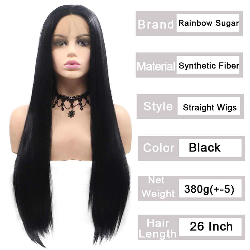 Black Lace Front Wig 24 Inch - Pre Plucked Hairline, Long Straight Real Human Hair Wigs for Women | Glueless, Heat Resistant Synthetic Fiber Wigs with Middle Part | Perfect for Cosplay, Daily Wear & Hair Replacement