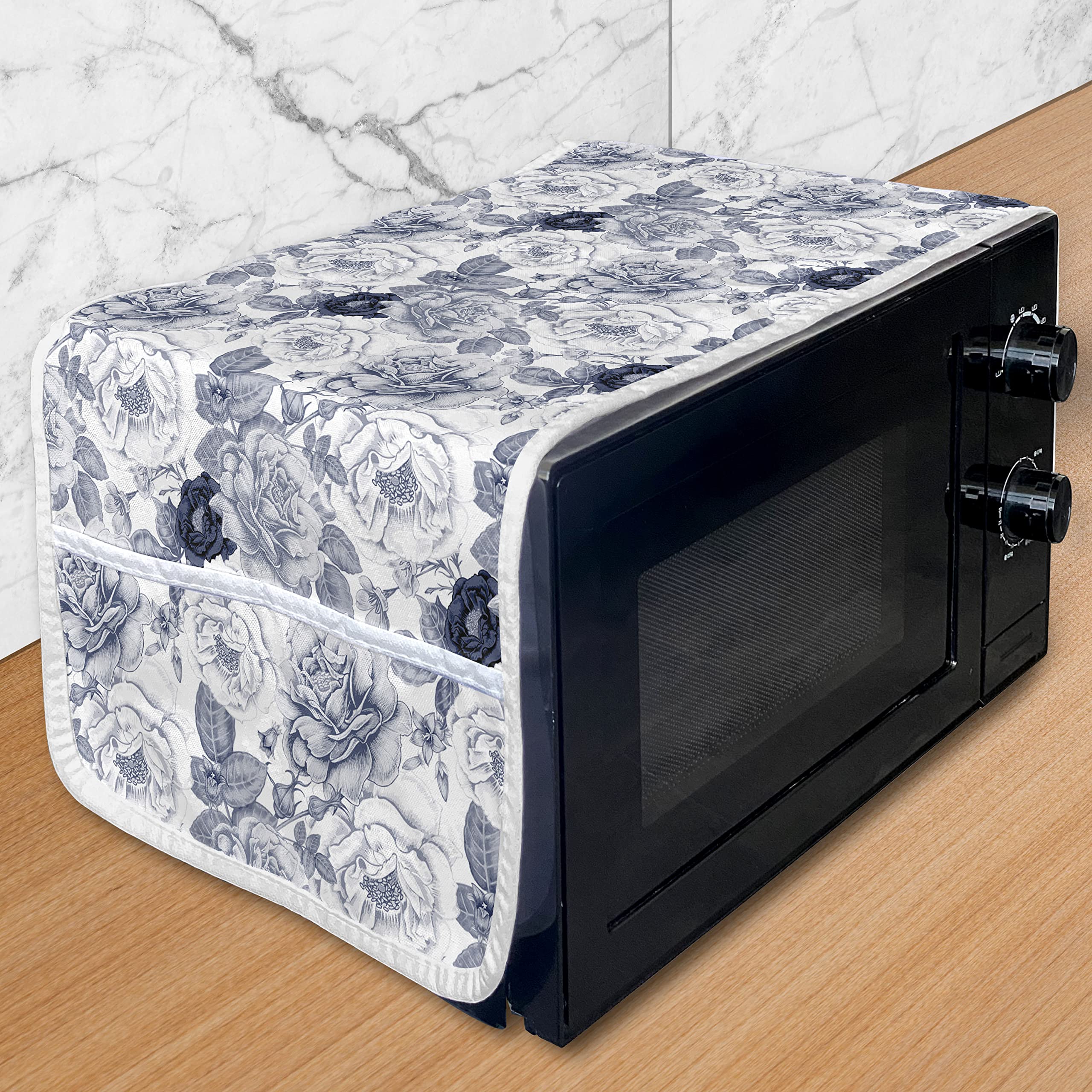 Ambesonne Shabby Floral Microwave Cover - Vintage Garden Roses with Leaves Design, Waterproof Kitchen Organizer with Pockets, 36