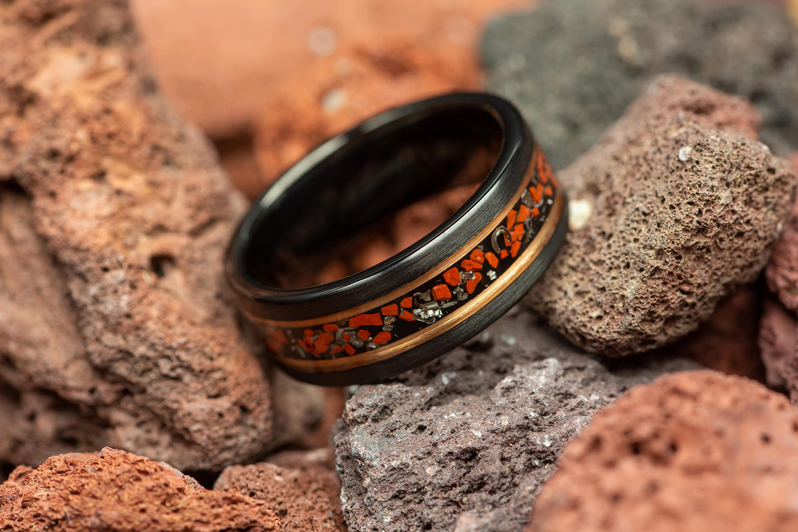 Dinosaur Bone & Meteorite Men's Wedding Ring - Brushed Black Tungsten with Rose Gold Inlay | 8mm Comfort Fit Band for Men | Unique Groomsmen Gift for Weddings & Anniversaries
