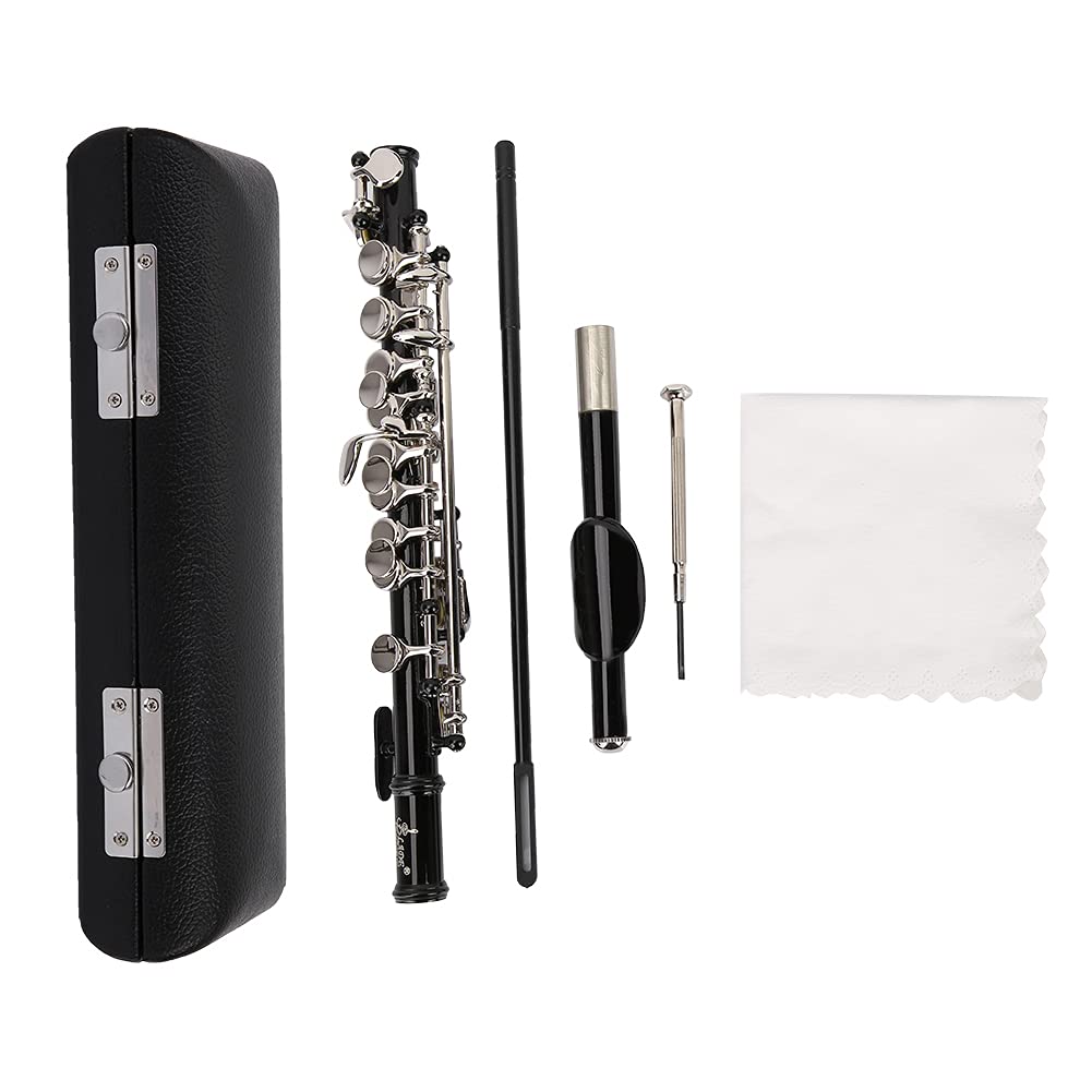 Professional 16-Hole C Key Metal Piccolo Flute Set with Cleaning Cloth, Screwdriver & Bar - Perfect for Beginner Students & Band Performances (Black) - Ideal for School Bands, Marching Ensembles & Solo Practice