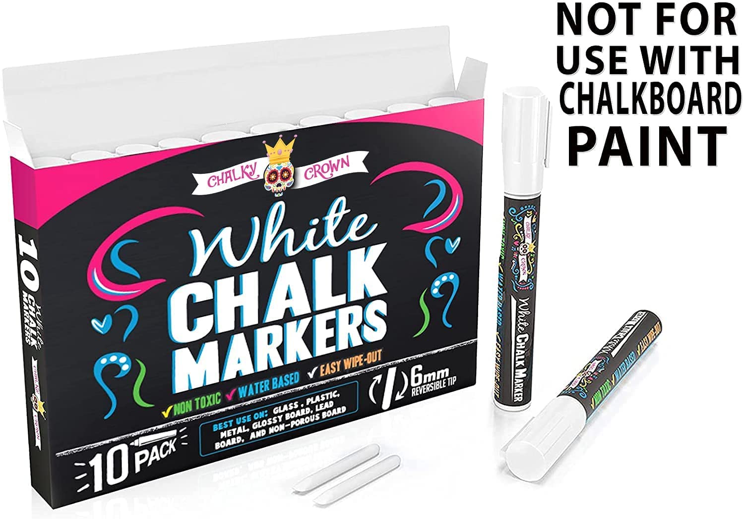 CHALKY CROWN Liquid Chalk Markers - 10 Pack White Dry Erase Pens with 6mm Reversible Tip for Chalkboard, Blackboard, Windows & Glass - Perfect for Restaurant Signs, Classroom Teaching, Retail Displays & DIY Projects