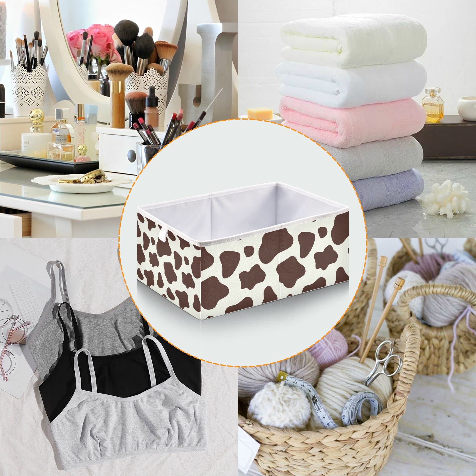 Brown & White Cow Print Collapsible Storage Basket - Square Fabric Bin Organizer for Nursery, Kids Room, Toys & Clothes | Foldable Shelving Solution for Home Organization