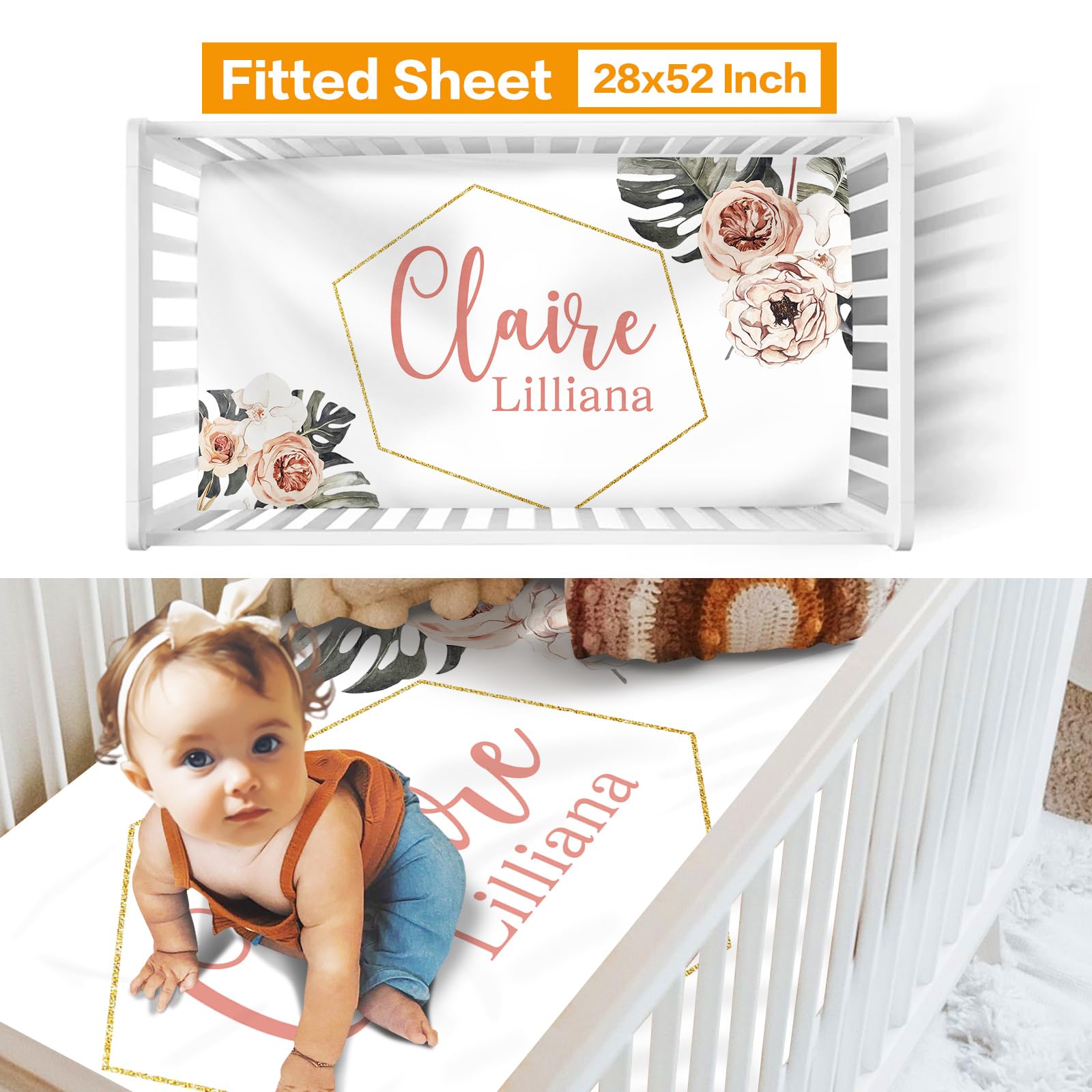 Custom Nursery Crib Bedding Set - Personalized Baby Blanket, Fitted Crib Sheet & Changing Pad Cover | Boho Green Leaves Pattern Pink Baby Room Decor | Perfect for Newborn Gifts & Nursery Design (Fixed Size) - Ideal for Baby Showers, Gender Reveals & Nursery Room Makeovers
