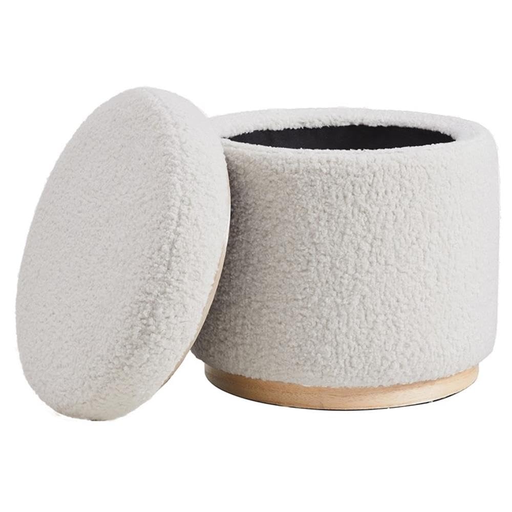 Linon Hawn Round Padded Storage Ottoman with Light Wood Trim - Natural Sherpa Fabric Upholstered Footrest Stool for Living Room, Bedroom & Home Decor