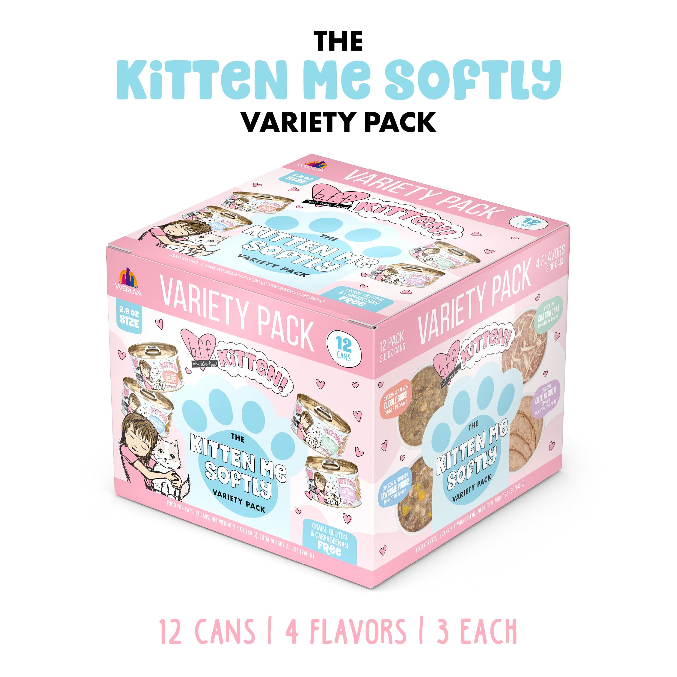 Weruva B.F.F. Kitten Me Softly Variety Pack - Grain-Free Wet Cat Food for Kittens, 2.8oz Cans (Pack of 12) - Perfect for Growing Kittens & Picky Eaters at Home