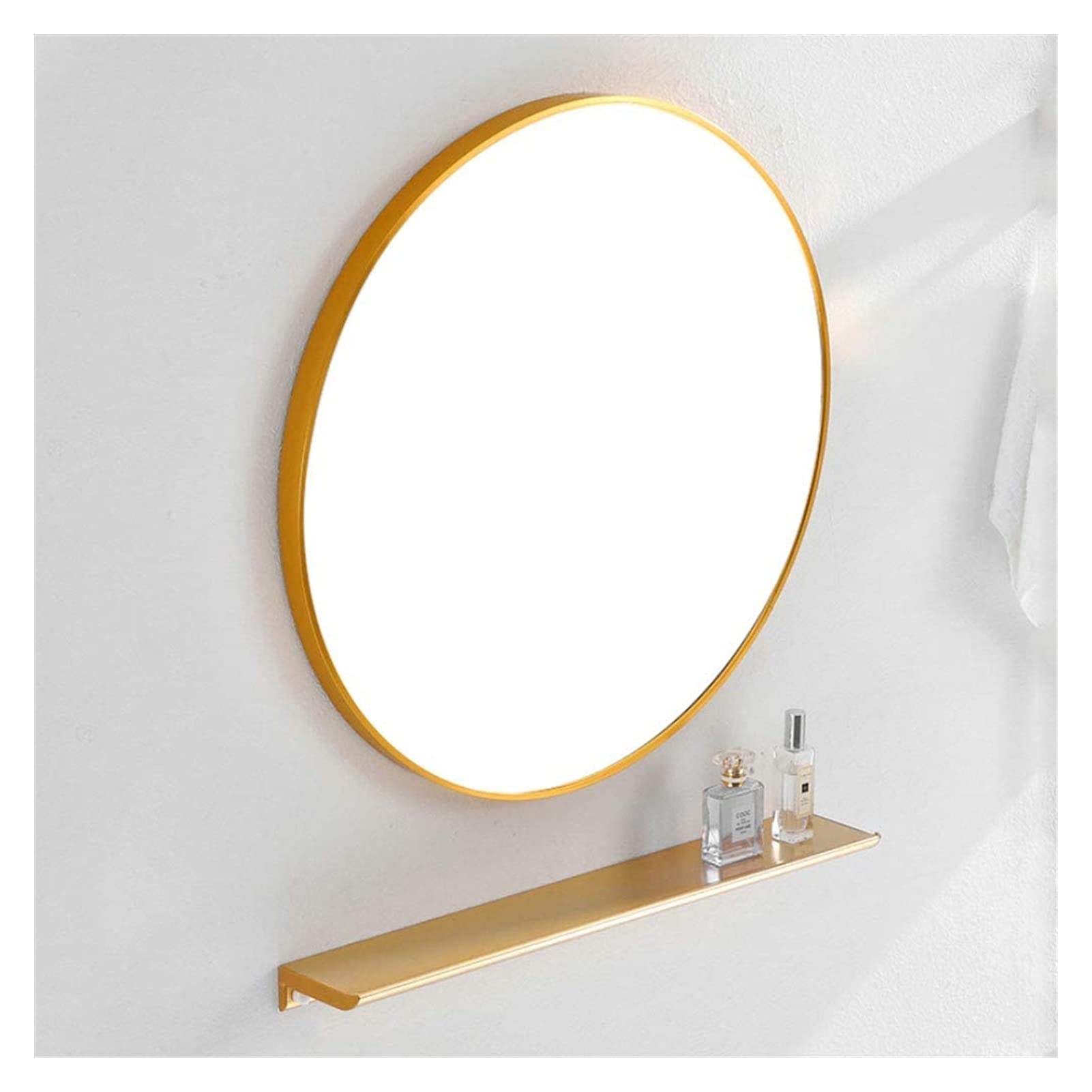 BINZII 27.5 Inch Gold Round Wall Mirror with Shelf - Decorative Hanging Mirror with Metal Frame for Vanity, Bathroom, Bedroom & Living Room - Perfect for Entryway Decor, Makeup Station & Home Styling