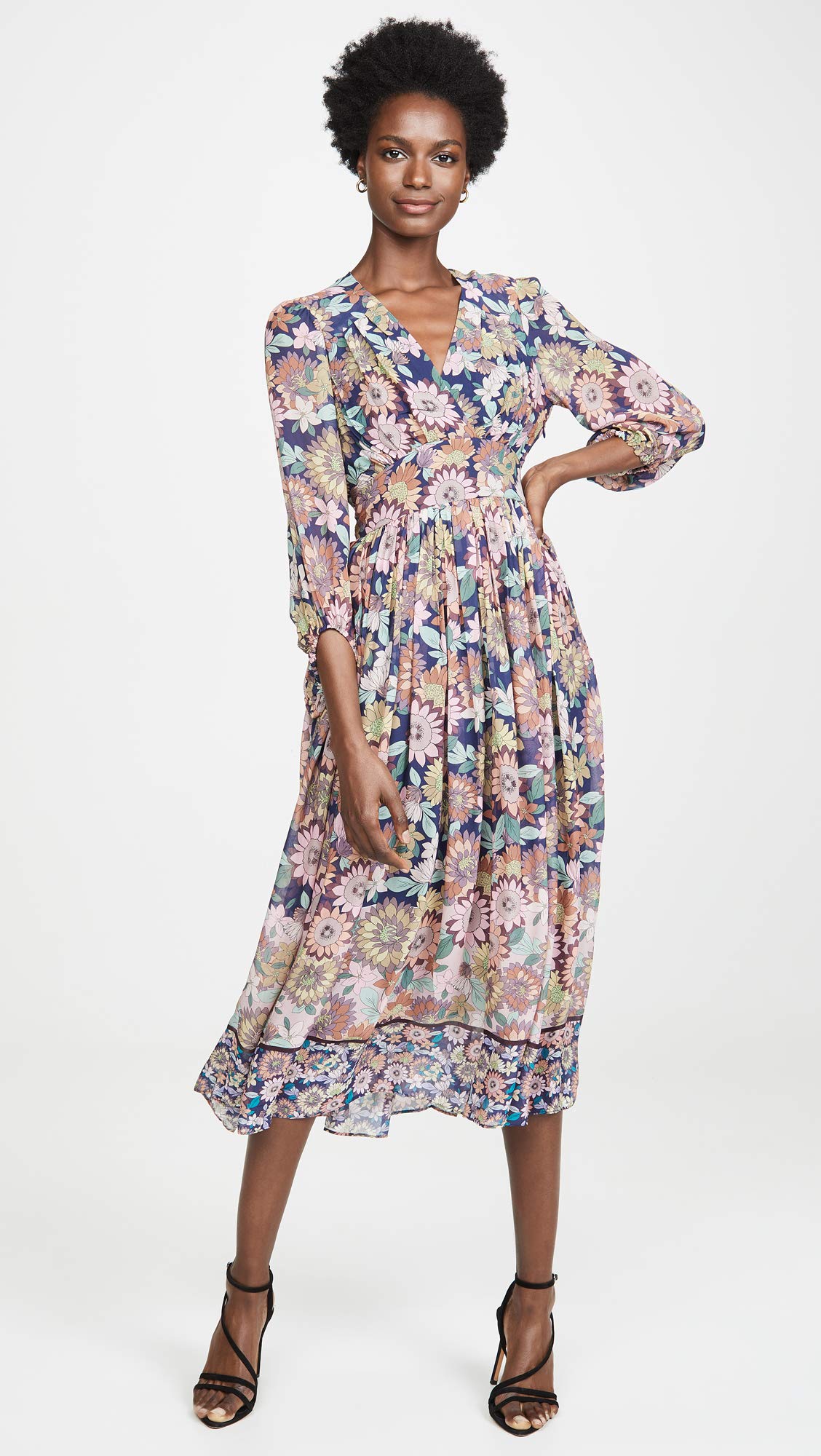 Shoshanna Women's Aya Dress - Floral Print Midi Dress with V-Neck & Ruffle Sleeves | Perfect for Summer Weddings, Garden Parties & Date Nights