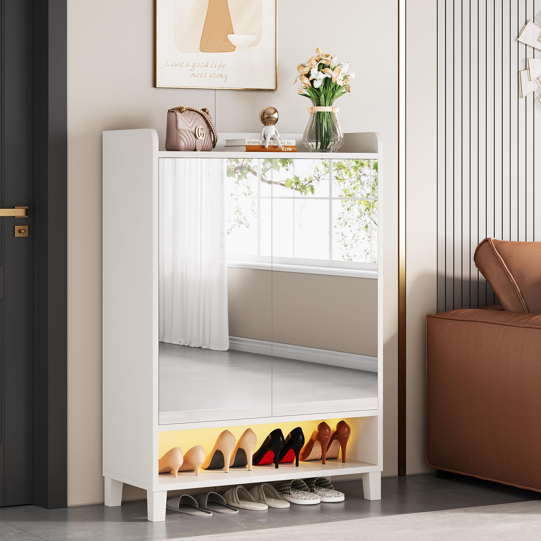 7-Tier Shoe Cabinet with Mirrored Door & LED Light - Adjustable Shelf Freestanding Shoe Storage Organizer for Entryway, Hallway - Modern White Shoe Rack for Home, Apartment, Dorm Organization