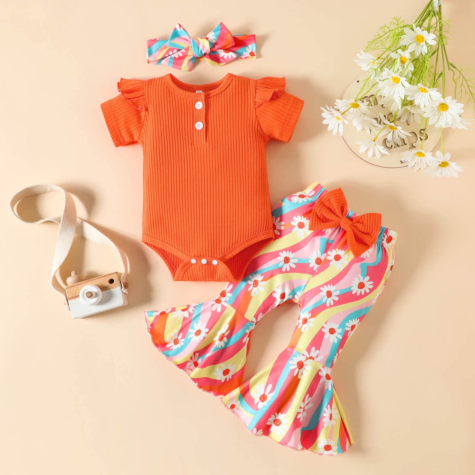 **Cute Baby Girl Bell Bottom Outfit Set - Toddler Romper with Flower Print & Headband - Perfect for Birthday, Photo Shoots & Special Occasions**