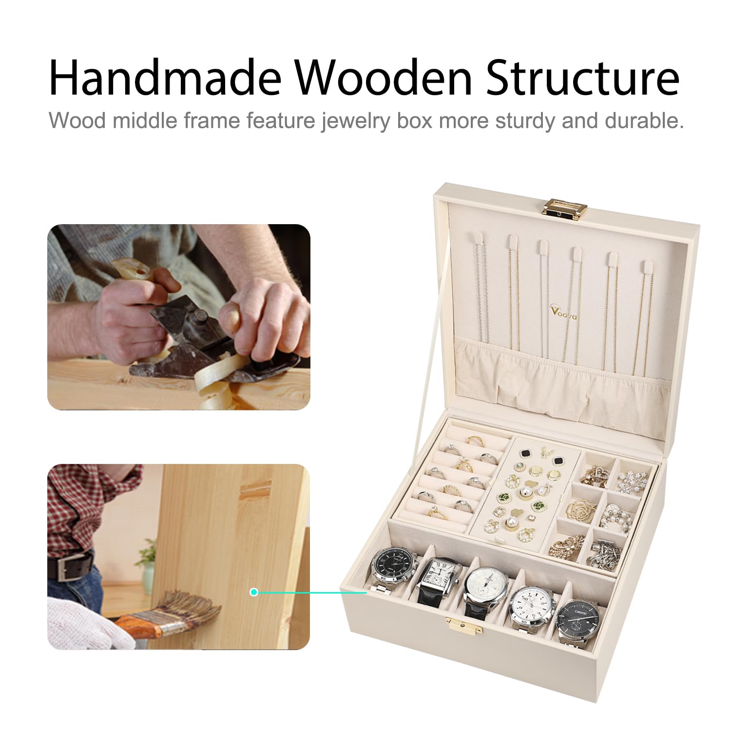 Voova 2-Layer Jewelry Box Organizer for Women & Teens - Large PU Leather Watch Holder with Removable Tray for Jewelry, Sunglasses, Rings, Earrings & Necklaces (Apricot) - Perfect for Bedroom Vanity, Travel & Gift Giving