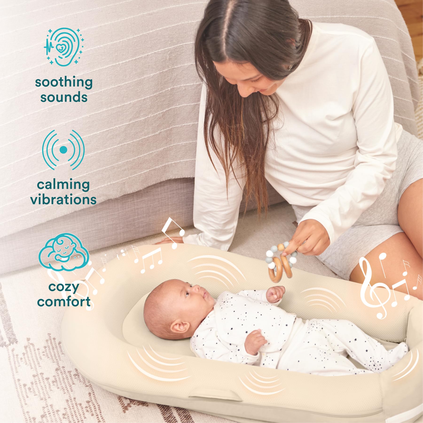 Homedics 3-in-1 Calming Baby Cushion with Soothing Sound & Vibration - Rechargeable & Machine Washable Infant Comfort Pillow for Newborns & Babies - Safe Snuggling Sensation for Nursery, Car Seat & Stroller (Tan)
