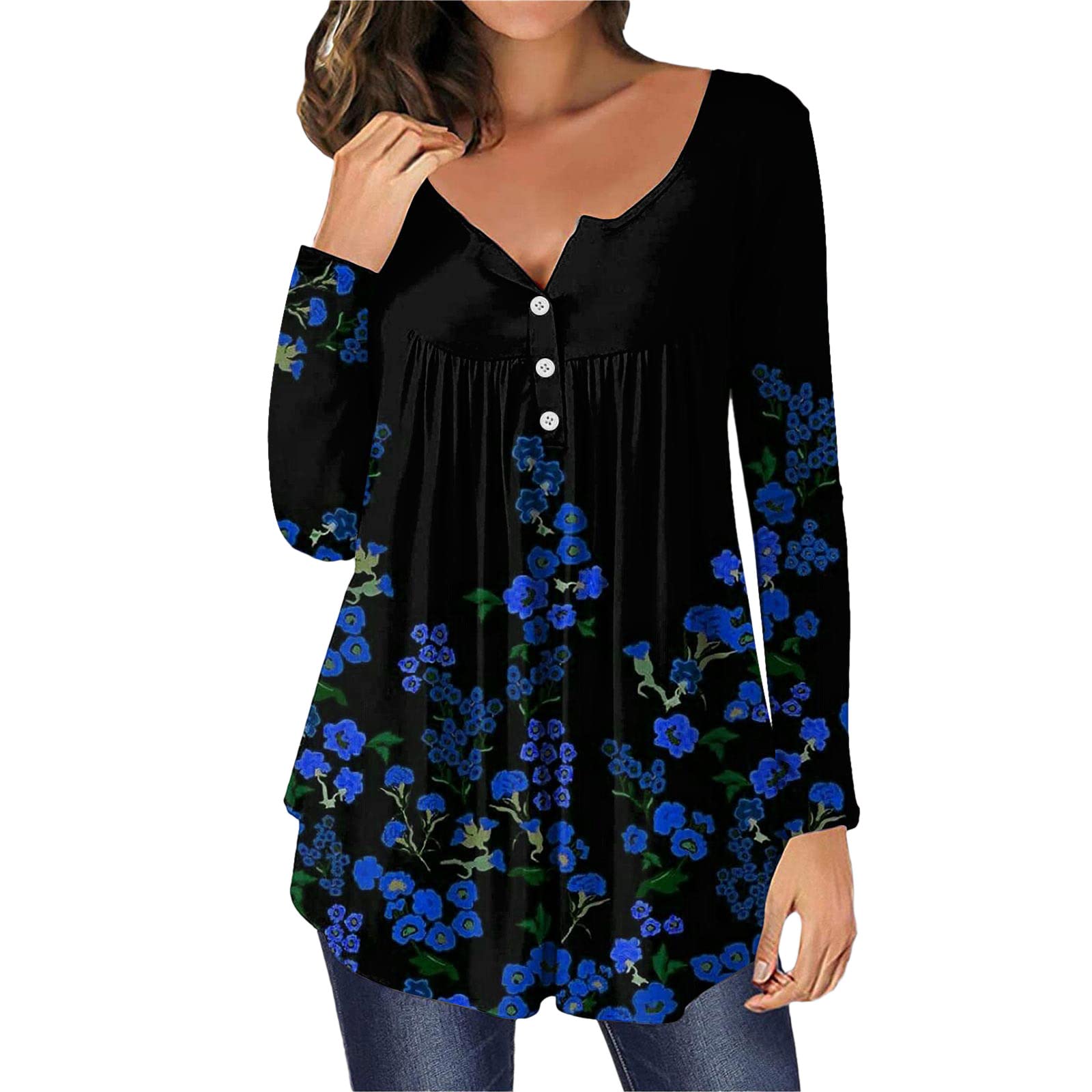 Women's Flowy Henley Tunic Top - Long Sleeve Cotton Shirt for Summer, Hide Belly Cute Blouse | Casual Wear, Office Outfit & Everyday Comfort