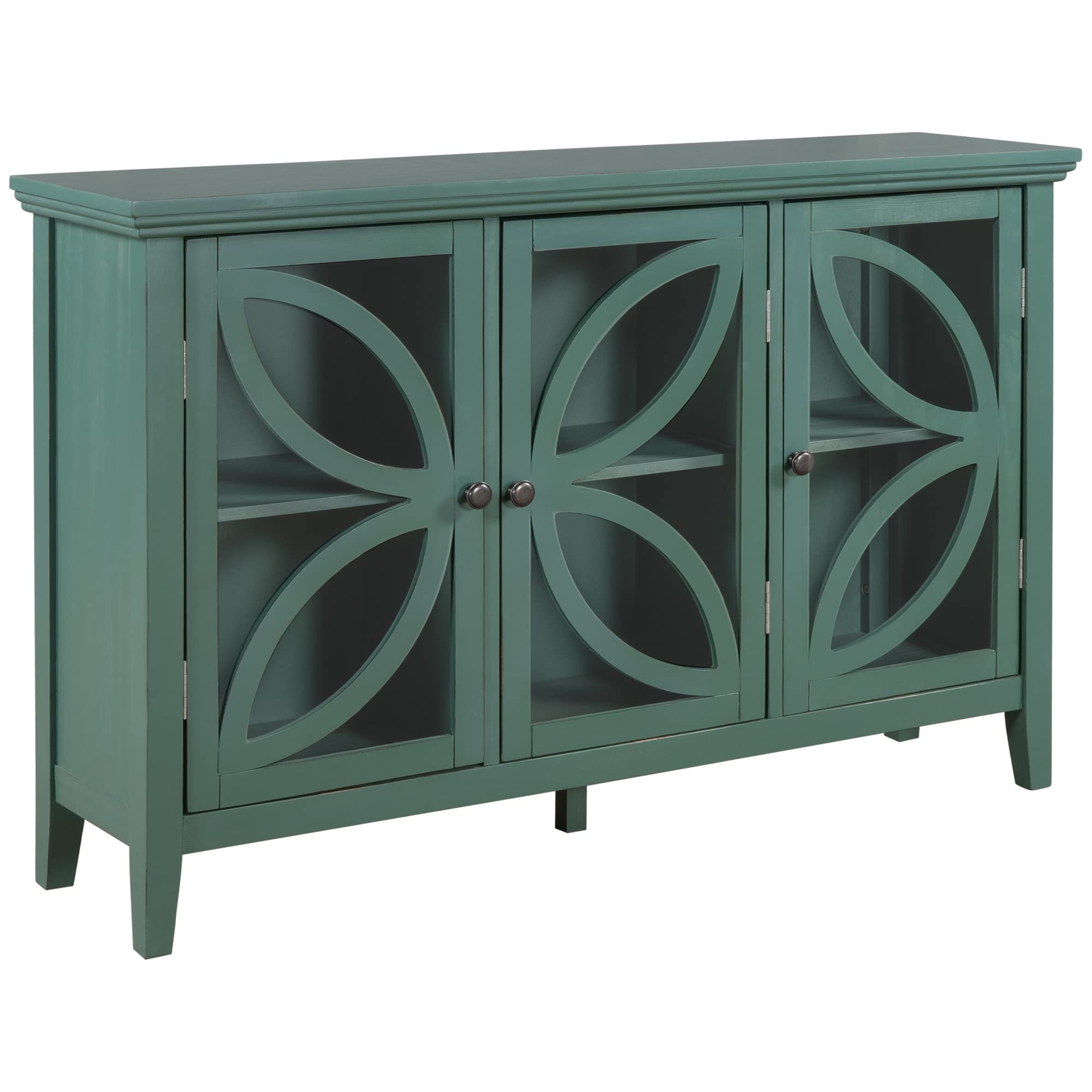 Vintage Green Console Table with Glass Doors & Adjustable Shelves - 47.2