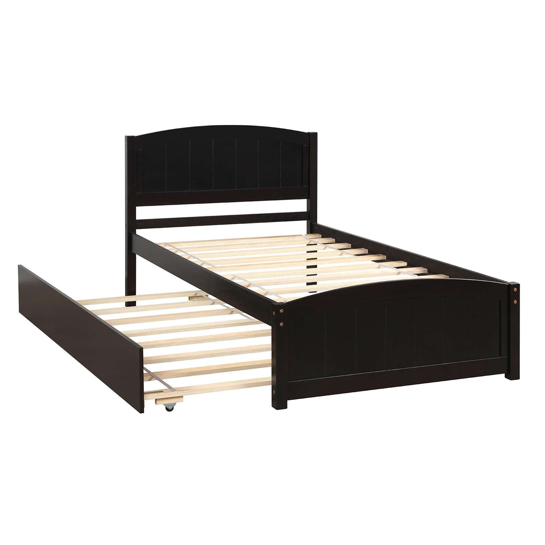 Solid Wood Twin Platform Bed with Headboard & Trundle - Finsbury Espresso for Small Spaces