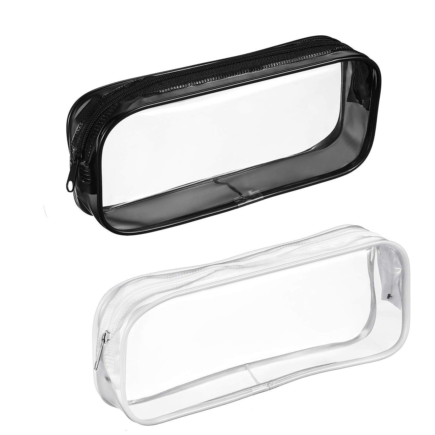Clear PVC Zipper Pen Pencil Case - Portable Travel Toiletry & Stationery Organizer Bag - Large Capacity School Office Supplies Pouch (Black & White, 2-Pack) - Perfect for Students, Artists & Travel Accessories Storage