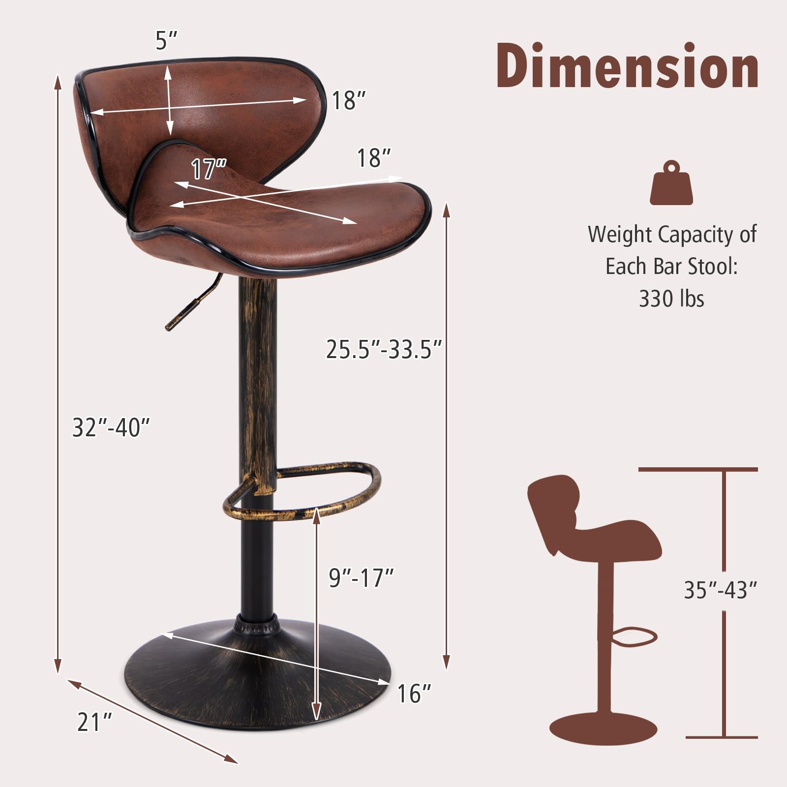 COSTWAY Set of 2 Swivel Bar Stools with Backrest & Footrest - Adjustable Height Counter Stools for Kitchen Island, Home Bar, Dining Room & Pub - Dark Brown Barstools for Comfortable Seating & Stylish Decor