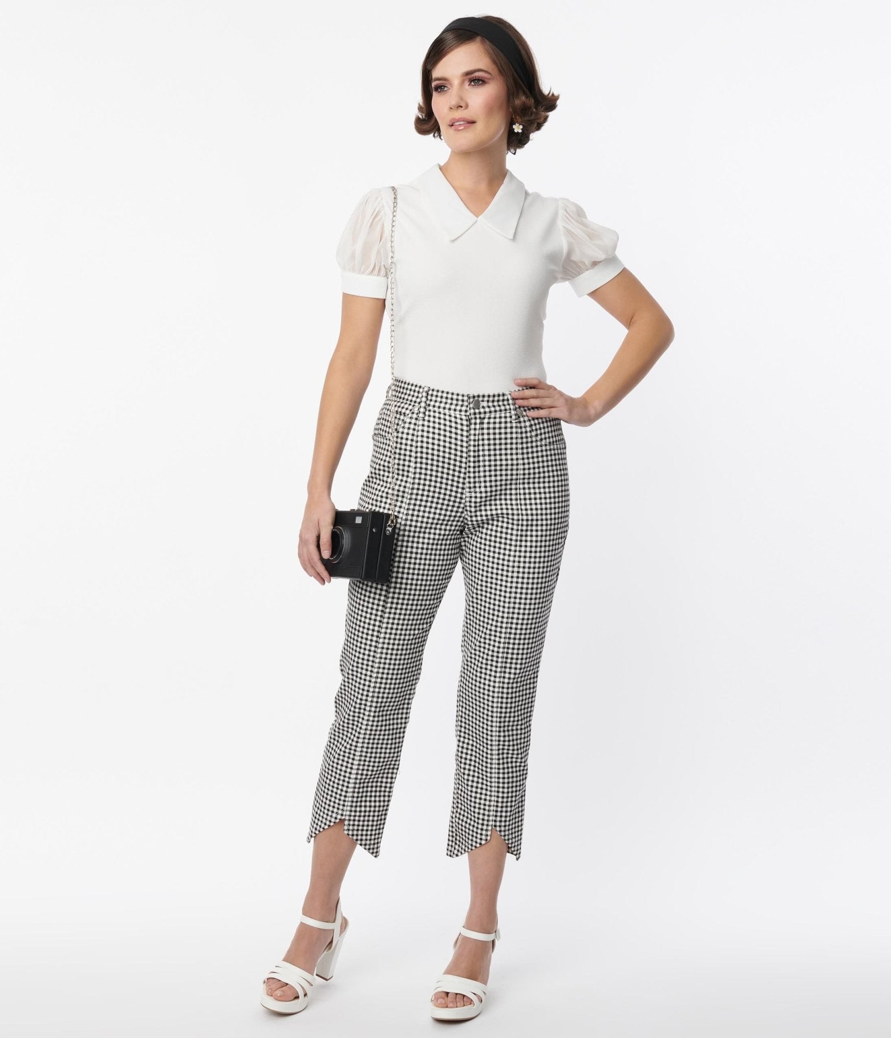 Smak Parlour Black & White Gingham High Rise Capri Pants - Women's Stretch Cotton Casual Summer Cropped Pants for Beach, Vacation & Everyday Wear