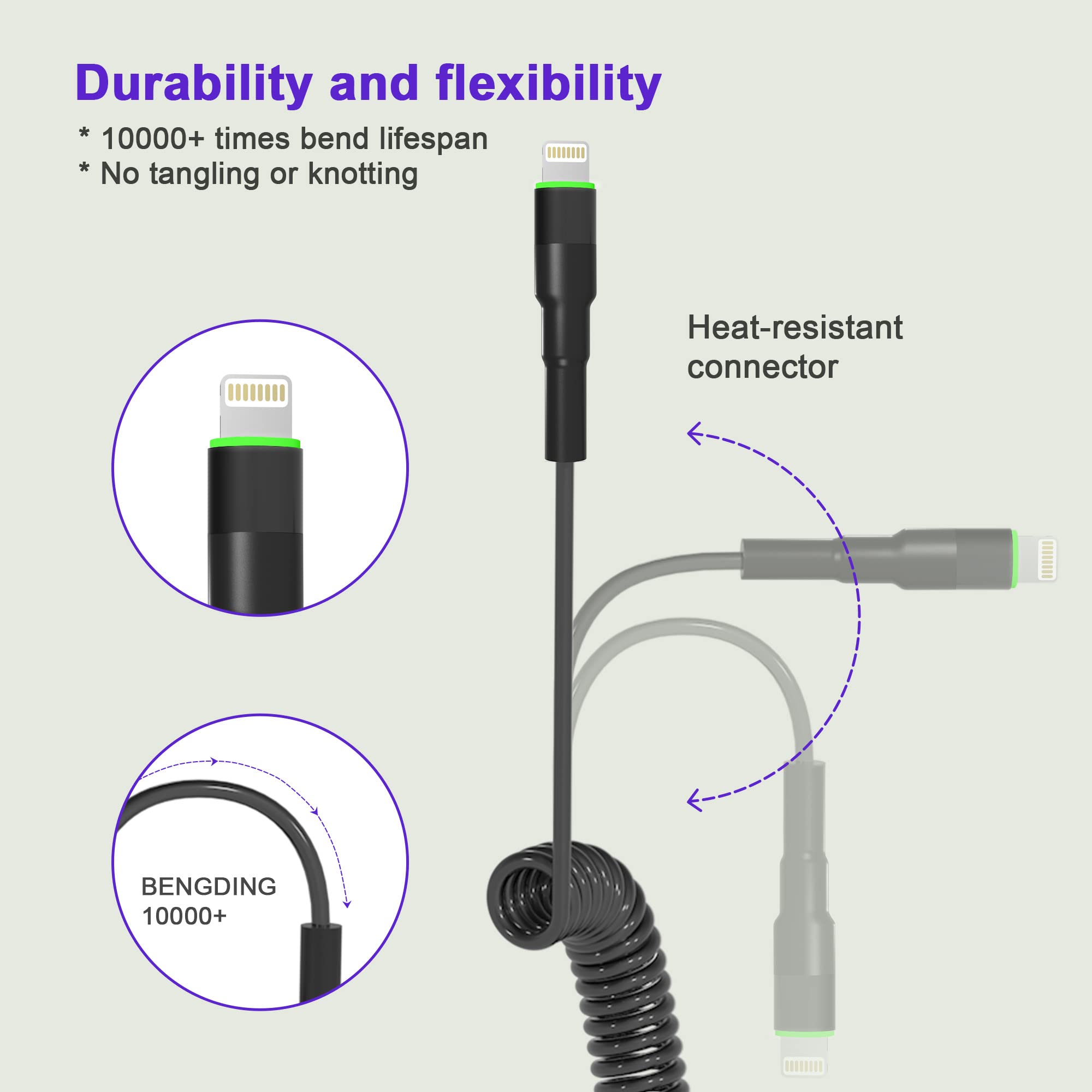 MFi Certified Coiled Lightning Cable - Apple CarPlay Compatible USB to Lightning Cable with Fast Charging & Data Sync, Retractable iPhone Charger Cord for iPhone/iPad/iPod - Perfect for Car, Office & Travel Use