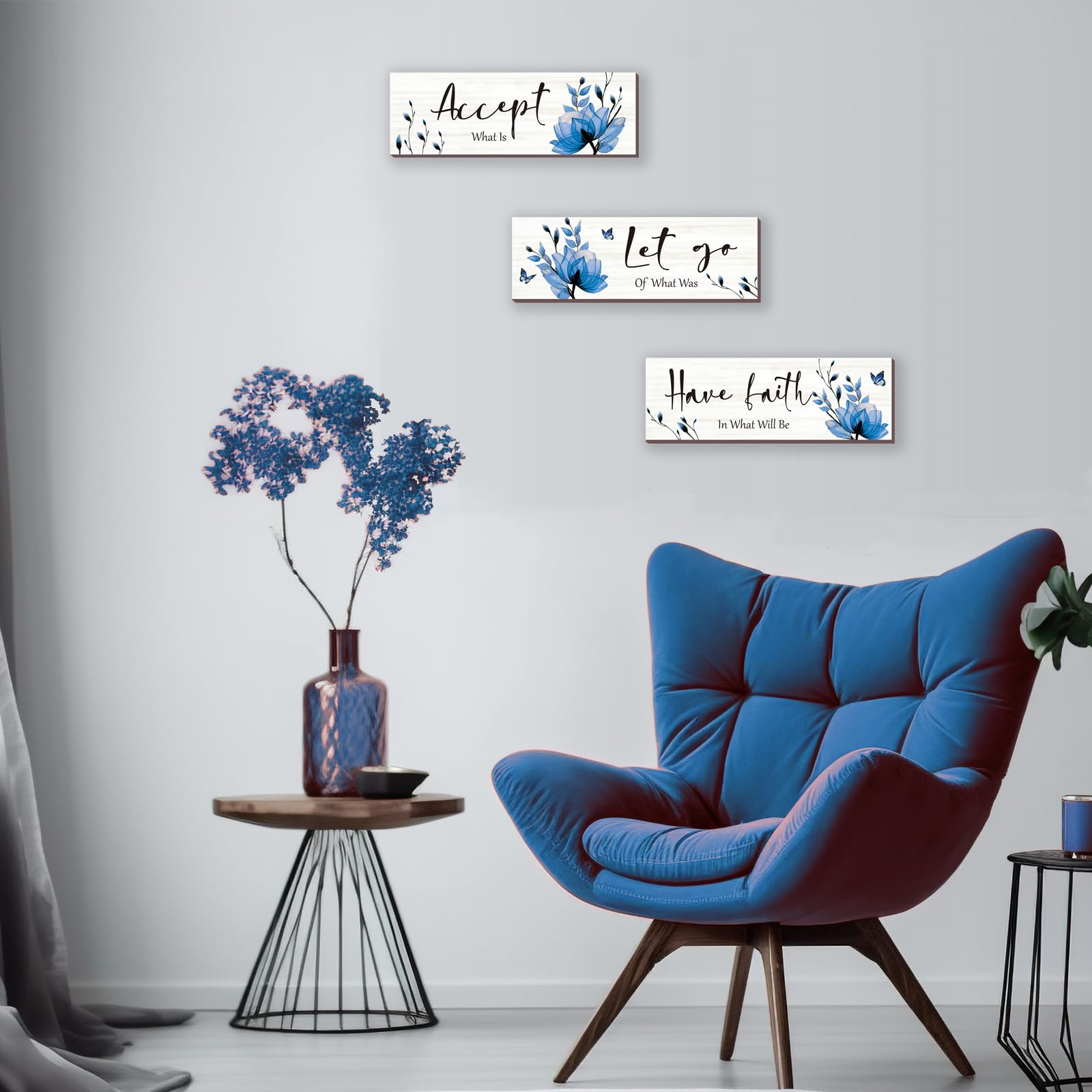 3-Piece Blue Bathroom Decor Set - Rustic Flower Wall Art with Inspirational Quote 