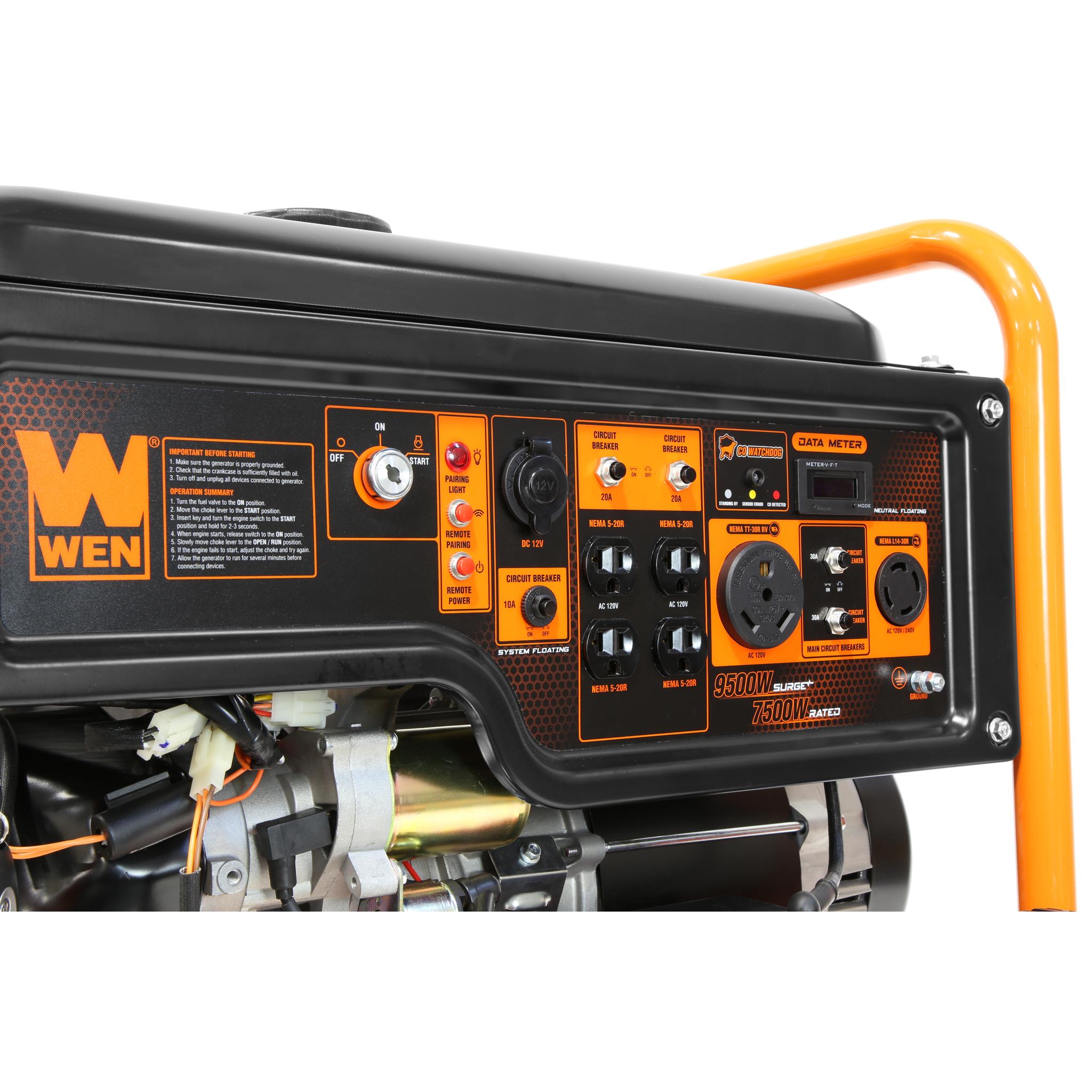 WEN GN9500X 9500-Watt 420cc Portable Generator with Transfer Switch - RV Ready 120V/240V, Remote Electric Start & CO Shutdown Sensor - Ideal for Home Backup Power, Camping & Emergency Use