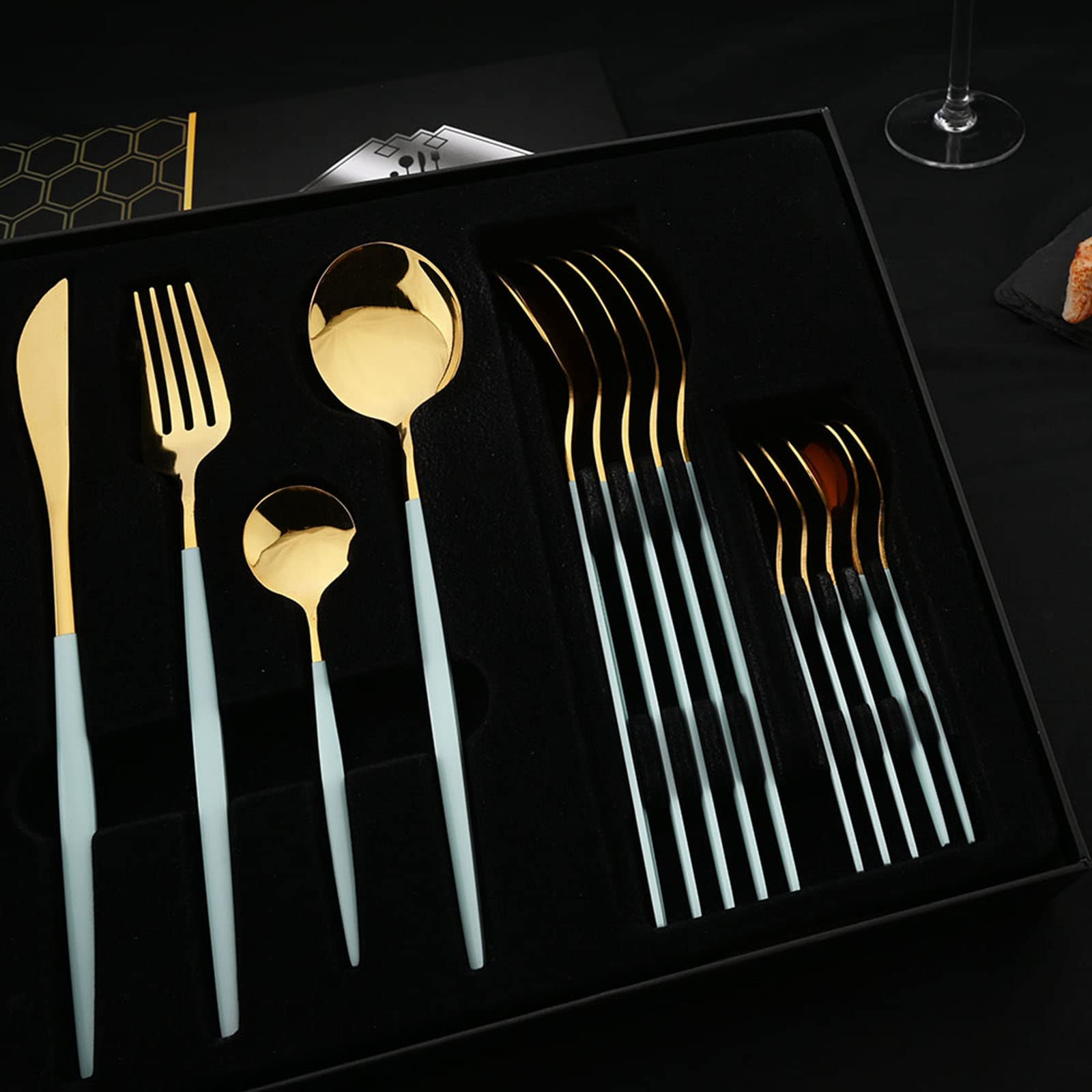 Premium 24-Piece Stainless Steel Flatware Set - Mint Green & Gold Mirror Finish Cutlery Set with Gift Box, Service for 6 | Elegant Tableware for Dinner Parties, Wedding Gifts & Home Decor