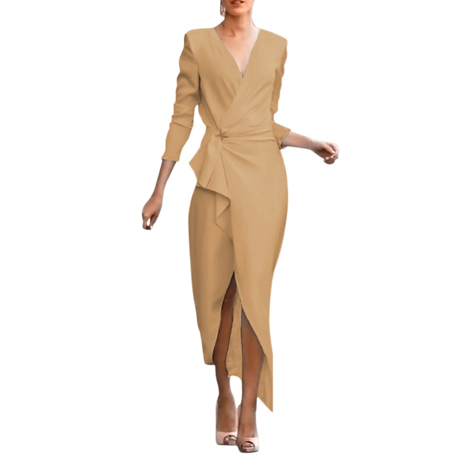 Women's Summer Casual V-Neck Long Sleeve Sun Dress with Irregular Hem - Solid Color Beach Dress for Outdoor Parties, Vacations & Date Nights