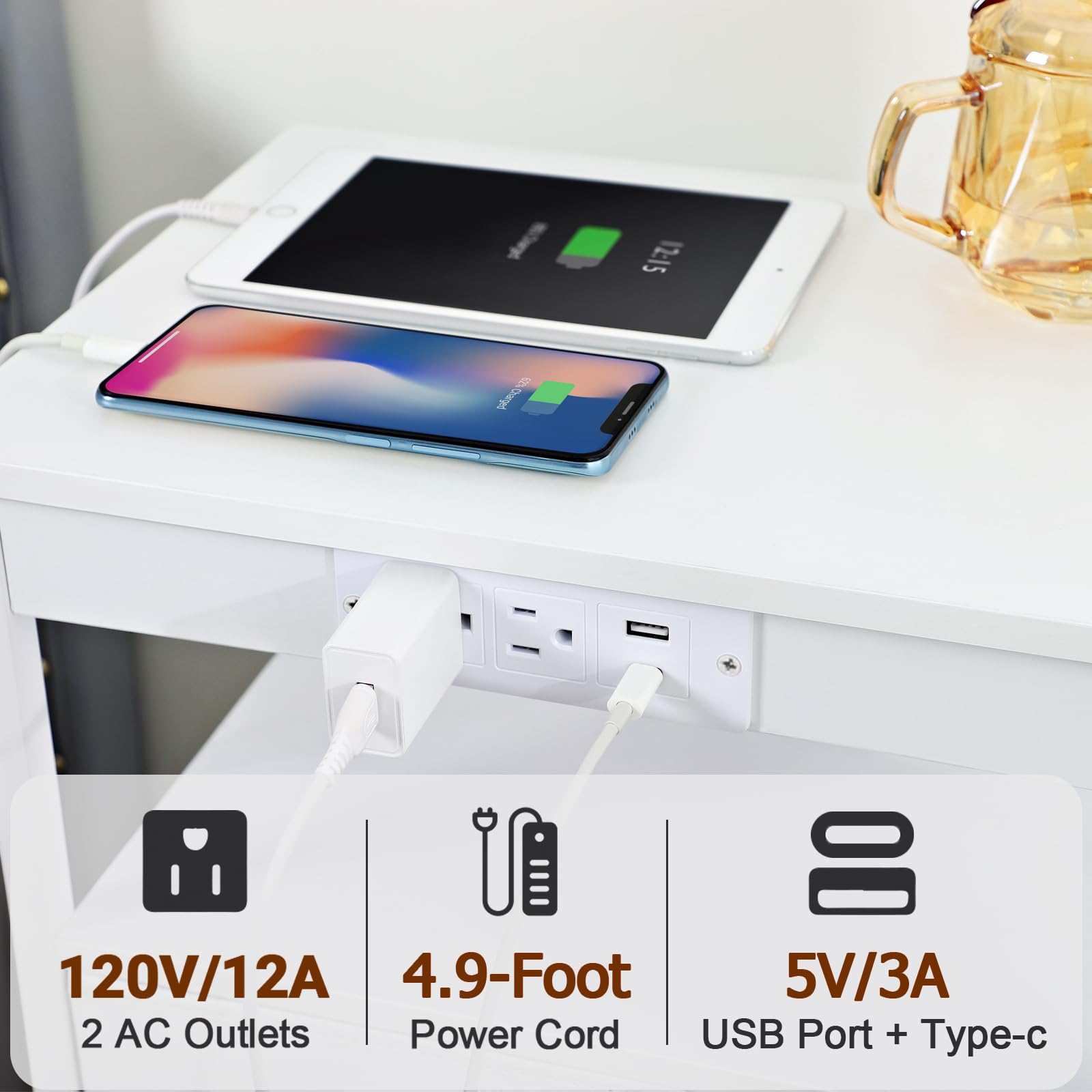 Modern White LED Nightstand with USB-C Charging Station & Outlets - Tall Bedroom Dresser with 4 Fabric Drawers - Side End Table for Bedroom, Living Room & Office - HNS124WT-1