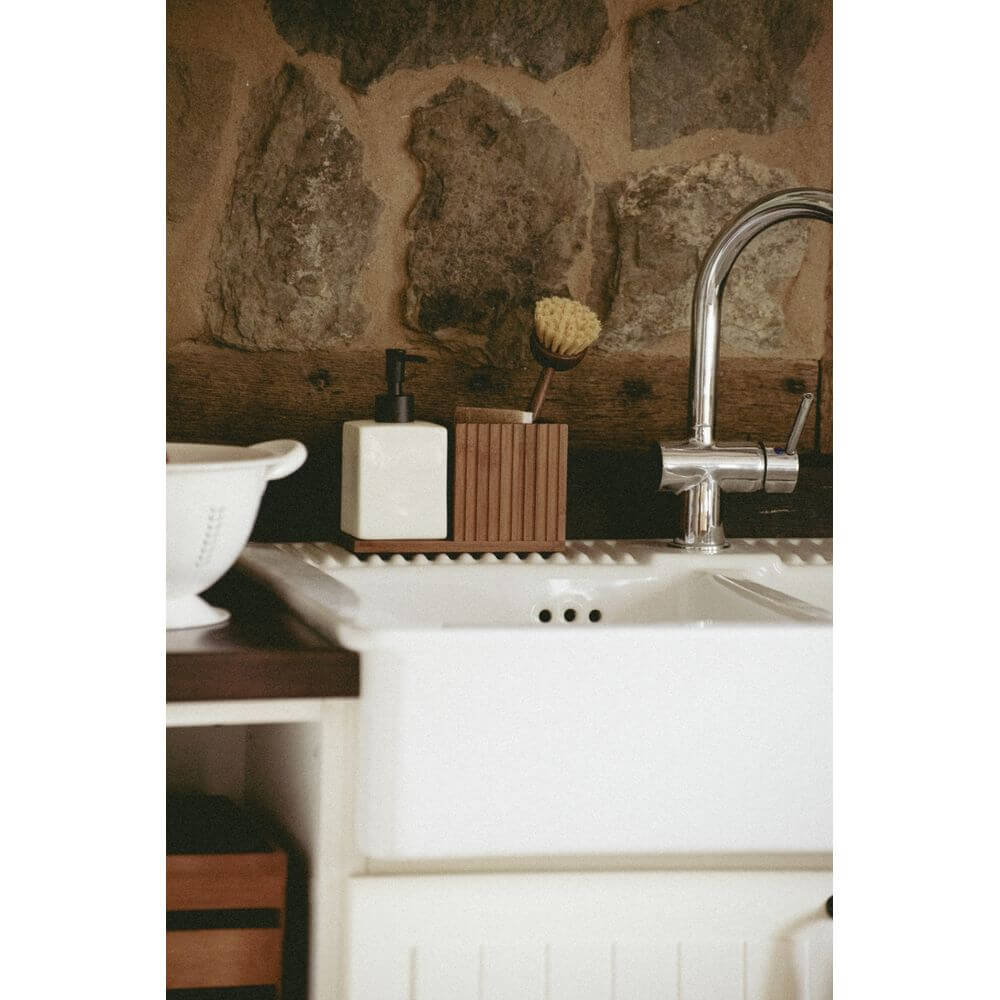 Premium Ceramic & Bamboo Dish Soap and Brush Holder Set - Kitchen Sink Organizer for Sponge, Scrubber & Liquid Soap Dispenser - Perfect for Modern Farmhouse, Rustic & Minimalist Kitchen Decor