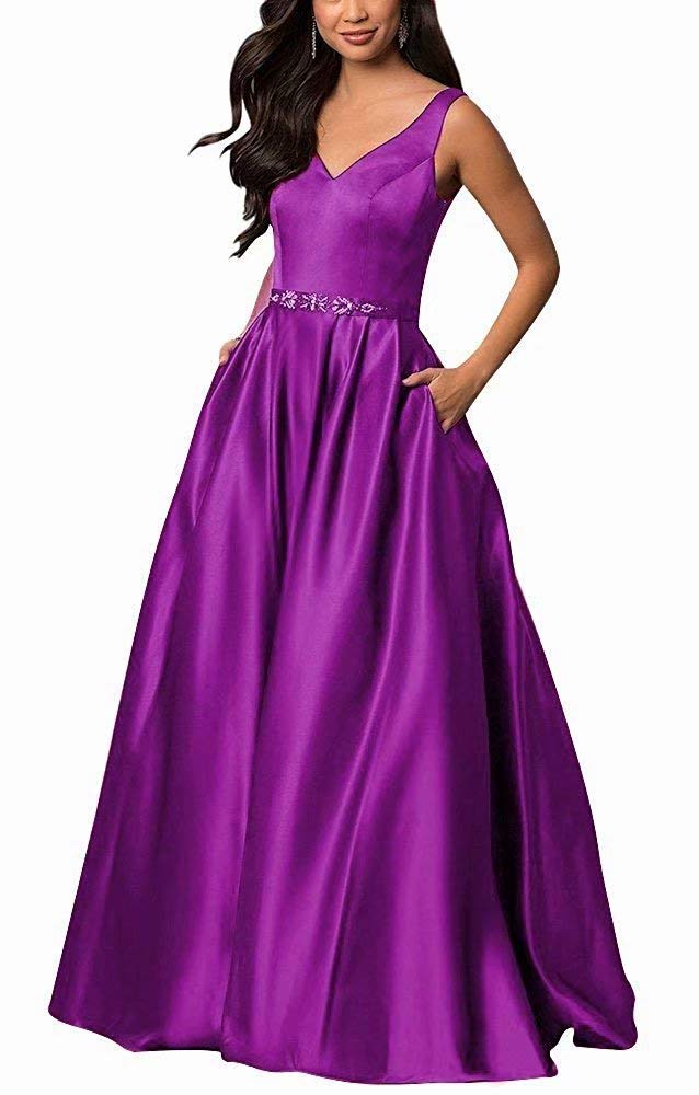 Elegant A-Line V-Neck Prom Dress with Lace-Up Back & Pockets for Evening Gala