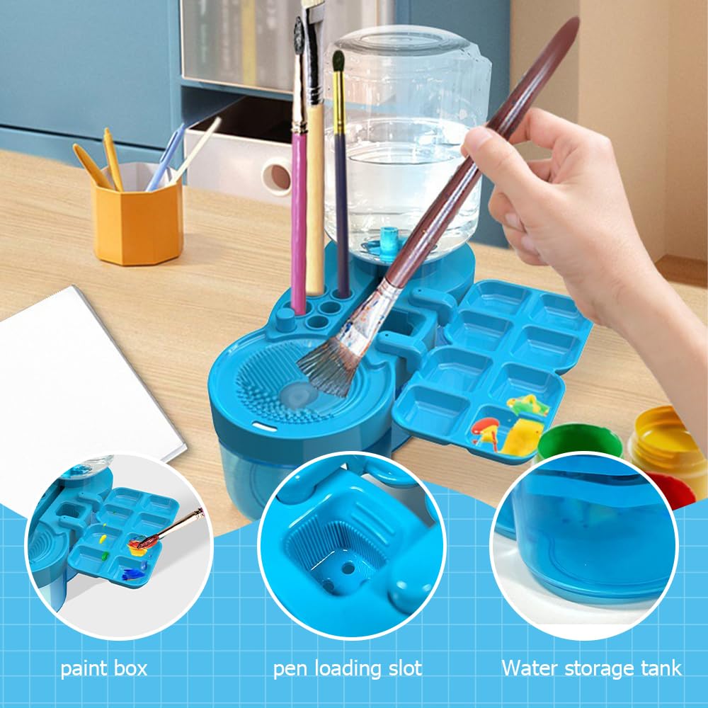 2025 New 6-in-1 Paint Brush Cleaner with Paint Tray & Water Dispenser - Acrylic Water-Based Art Brush Washer Tool (Pink) - Perfect for Artists, DIY Projects & Classroom Painting Supplies