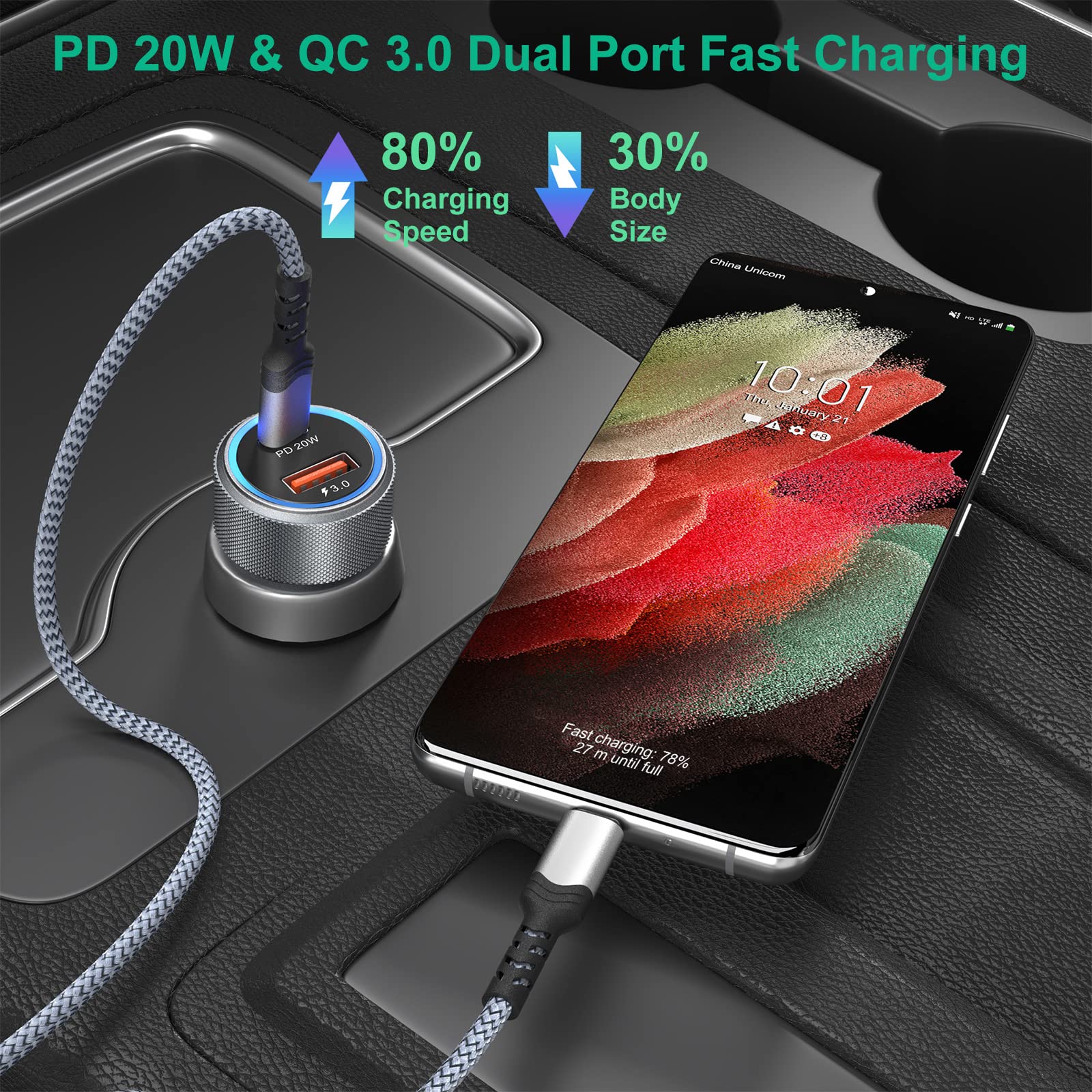 5-Pack 36W Dual USB C Car Charger Fast Charging PD QC 3.0 - Compatible with iPhone 15/14/13/12/11 Pro Max/SE, iPad, Samsung Galaxy S24/S21/S20, Google Pixel - Perfect for Road Trips & Multi-Device Charging (Grey)