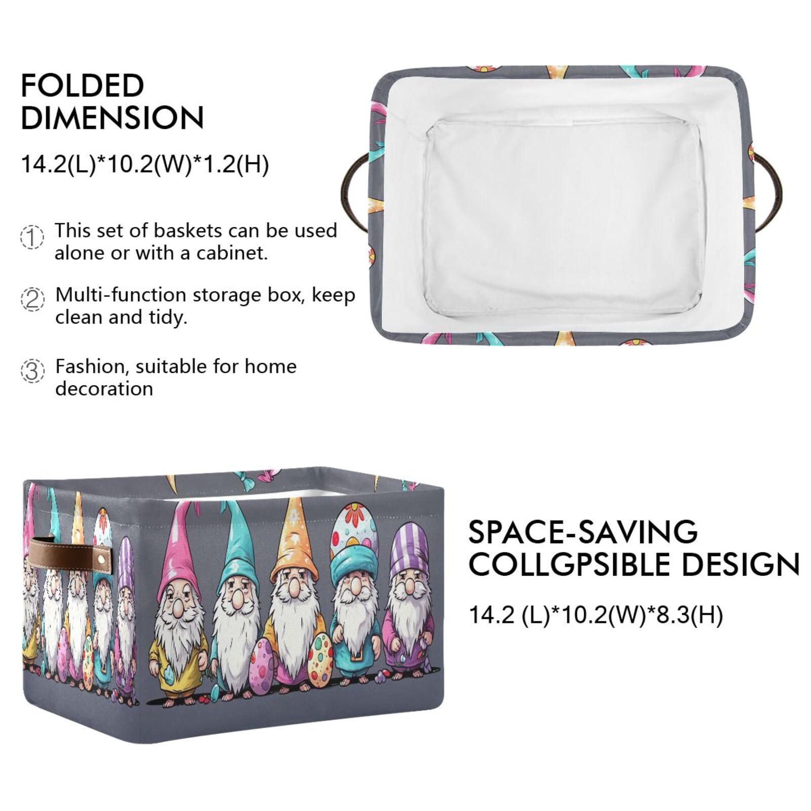 Qilmy Easter Gnome Storage Basket 2 Pack - Collapsible Canvas Rectangular Bin with Leather Handles for Closet, Office, Nursery & Home Organization | Perfect for Holiday Decor, Toy Storage & Seasonal Display
