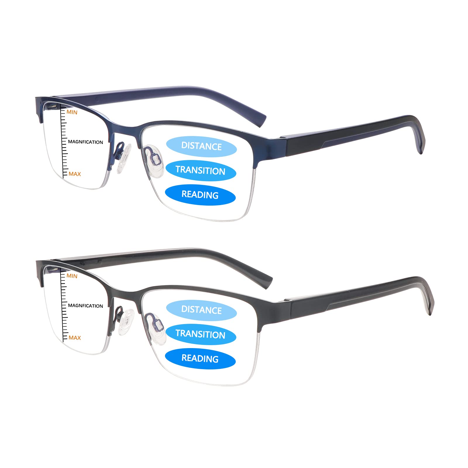 Blue Light Blocking Reading Glasses for Men - Progressive Multifocal Computer Glasses with Spring Hinge & Half Metal Frame - Perfect for Office Work, Screen Use, and Daily Reading
