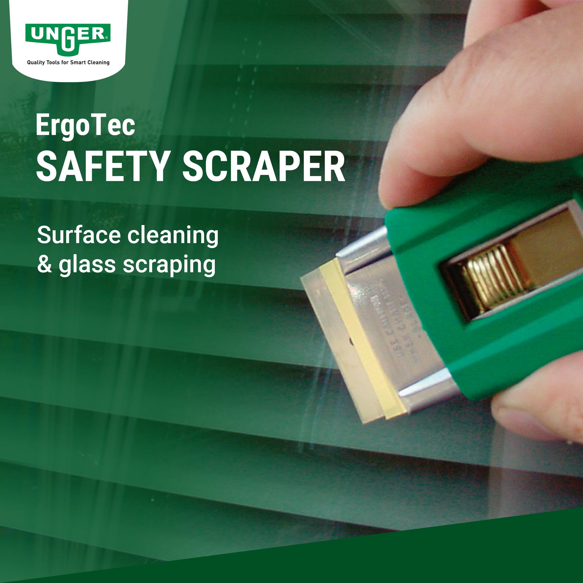 UNGER ErgoTec Professional Window Glass Scraper - Heavy Duty Safety Scraping Tool for Window Cleaning - Removes Tough Dirt, Tape, Stickers & Paint from Glass - Perfect for Home, Office and Commercial Window Maintenance