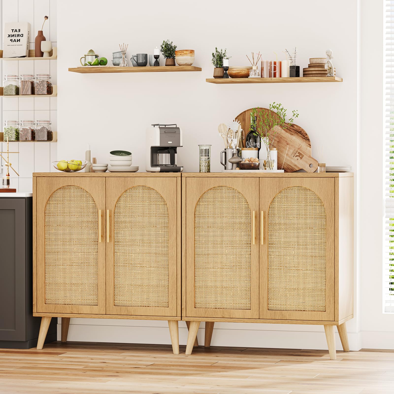 Rovaurx Set of 2 Rattan Storage Cabinets with Doors - Modern Accent Bathroom & Living Room Floor Cabinet, Sideboard Buffet for Entryway, Dining Room & Kitchen - Natural BMGZ108M02 | Perfect for Home Organization & Stylish Decor