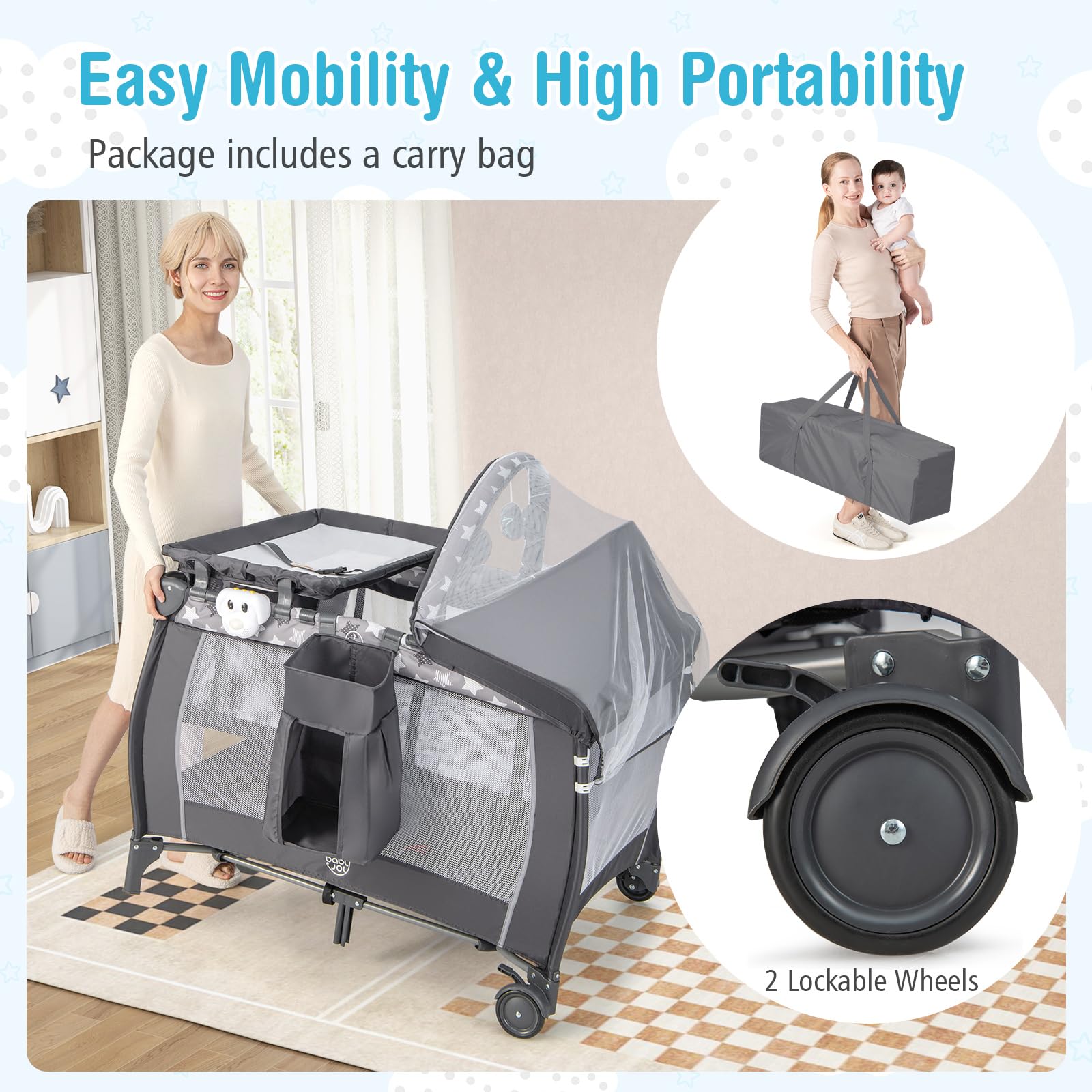 BABY JOY 4-in-1 Portable Playard with Bassinet, Changing Table & Music Box - Adjustable Canopy, Lockable Wheels - Travel Crib for Newborn to Toddler - Perfect for Nursery, Daycare & Family Trips