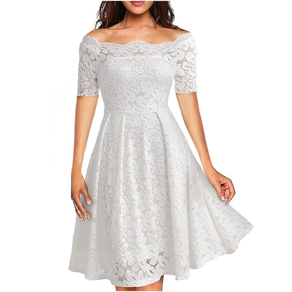 Elegant Floral Lace Short Sleeve Cocktail Dress for Women - Off Shoulder Formal Party & Wedding Bridesmaid Dress - Perfect for Evening Events, Prom, and Special Occasions