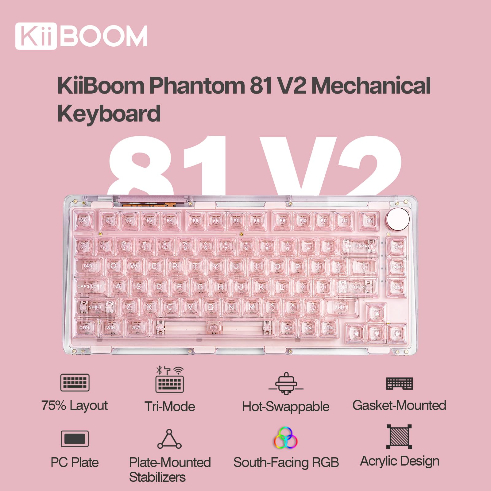 KiiBoom Phantom 81 V2 75% Hot Swappable Crystal Gasket-Mounted Mechanical Keyboard - Triple Mode NKRO Gaming Keyboard with South-Facing RGB, Clear Keycaps, 4000mAh Battery for Windows/Mac (Pink) | Perfect for Gaming, Typing & Office Work