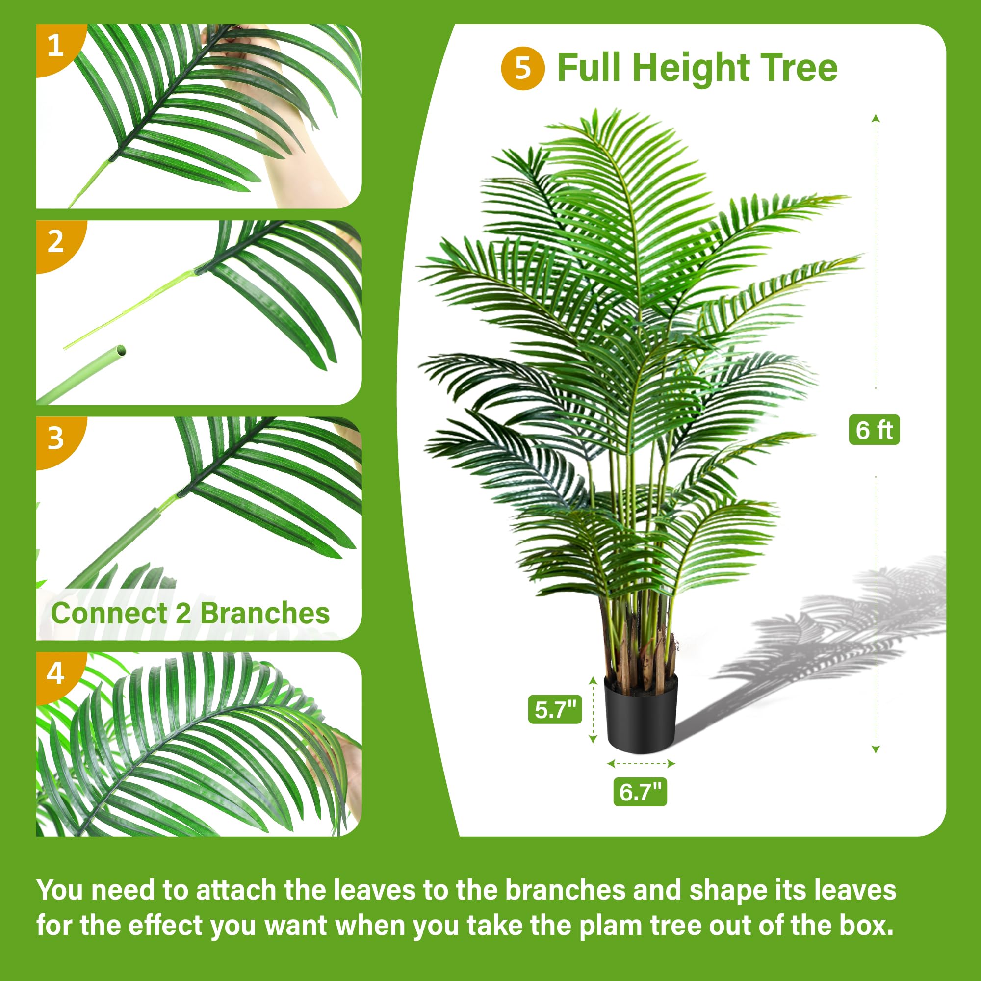 6ft Artificial Areca Palm Plant in Pot - 2 Pack Fake Tropical Cane Palm Silk Tree for Indoor & Outdoor Decor | 70in Lifelike Faux Dypsis Lutescens Plants | Perfect for Home, Garden, Office & Housewarming Gifts